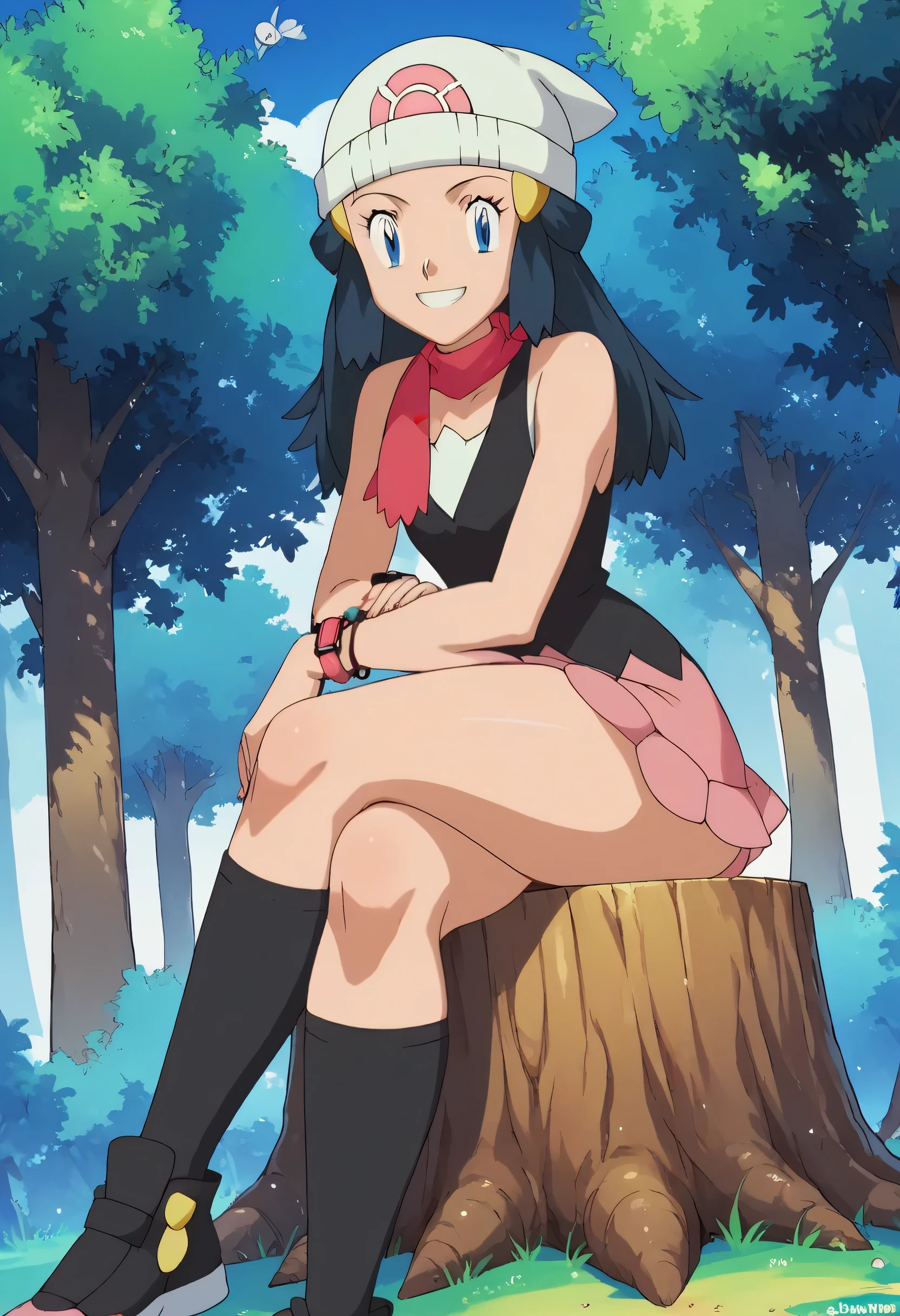 score_9, score_8_up, score_7_up, source_anime, pokemon dawn, black hair, blue eyes, sidelocks, long hair, bare shoulders, beanie, black tanktop, black kneehigh socks, bracelet, hat, miniskirt, tiny pink skirt, red scarf, shirt, miniskirt, thick thighs curvy, sleeveless shirt, white headwear, smiling, 1girl, in a forest, sits in a tree stump, legs crossed