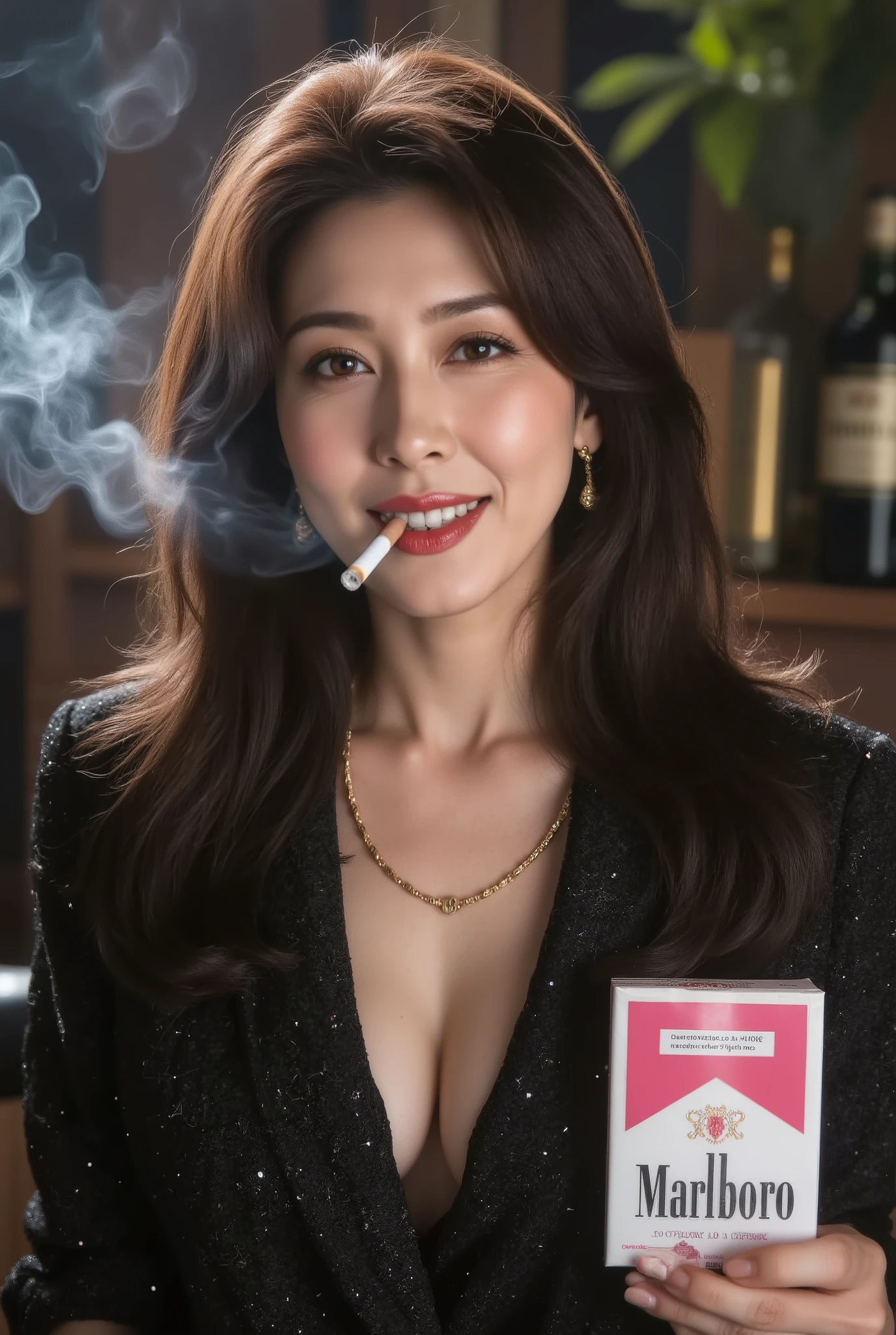 A beautiful mature woman, 45 years old (smoking: 0.8), (holding a cigarette in her mouth), ((((hyper-realistic image of a pink and white Marlboro Menthol box))), ((holding a pink and white Marlboro Menthol box in her hand)), ((putting a Marlboro Menthol box in her breast pocket), ((holding a pink and white Marlboro Menthol box between her chest and cleavage), pink Marlboro box standing, ((((ultra-detailed, exquisite detail, ultra-clear, ultra-high resolution, high resolution, exquisite detail, exhaling smoke from her mouth and nose))), standing with a gold Marlboro box, (Chanel jacket), ((((Suntory VSOP Frosty 660ml) is on the table)))), ((ultra-detailed, exquisite detail, high detail, major detail, super high quality, high resolution, exquisite, holding a brown filter cigarette with bright red lipstick in her mouth)), ((blows cigarette smoke in her face and begins to smoke secretly, lights the cigarette and begins to smoke)), ((hostess). Butt in ashtray, ((pouring a fine liquor)), ((drinking alone)), downtown club, ((very sparkly black dress)), seductive, wearing a gold necklace, slim and toned waist, smiling at the audience: 1, 2, ((Stylish nails)), super long brown hair, highly detailed face and skin texture, fine grain, double eyelids, sexy, ((Full body)), ((Cabaret)), ((A glittering, unrealistic world)), fingers with red nail polish, ((Slightly swollen breasts)), crying face, fresh and clean skin, red glossy lips, small mouth, ((Depth of drawn border 1, 2)),