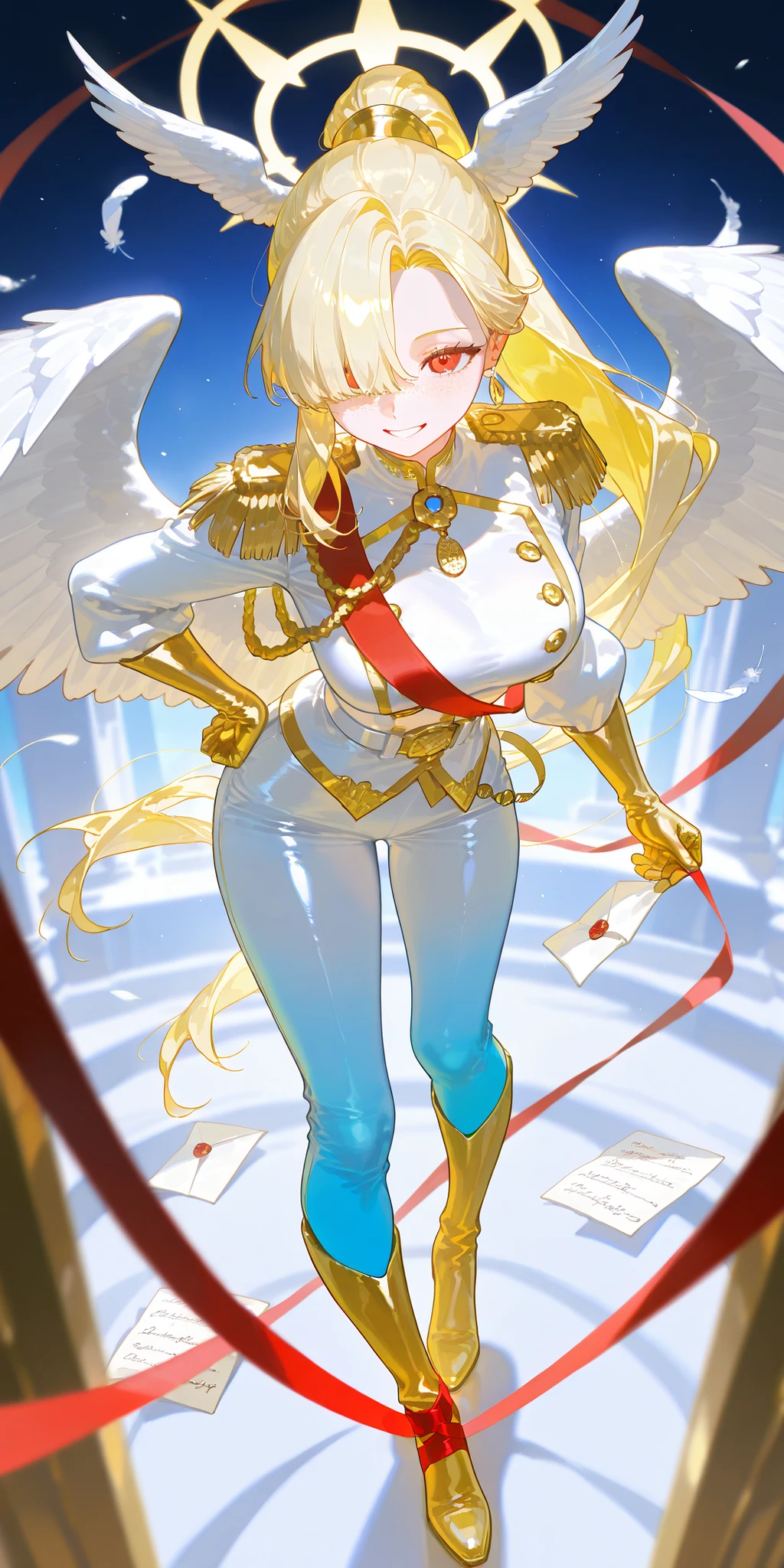 (feathered head wings, white head wings, gold head wings,) The magic girl,postwoman. She has an athletic build, peach colored skin covered with freckles and blush. She has fluffy blonde longest hair dyed in yellow, pulled back in a high ponytail,she has bangs over one eye. She narrows her sly red eyes and wide smile. She is wearing a beige-gold military bodysuit: with a long-sleeved light-blue bolero with gold orders and medals with a ruby heart, golden epaulettes with wings,red aiguillette. She wearing  a white opera-gloves with golden palms. She wears light-blue leggings with a low waist, white belt, and white hip-high leather boots with gold lapels. She has white wings on her elbows, wrists and ankles. (In the background:The magic palace of the post office, white envelopes of letters with red ribbons and white feathers are falling from the sky.)