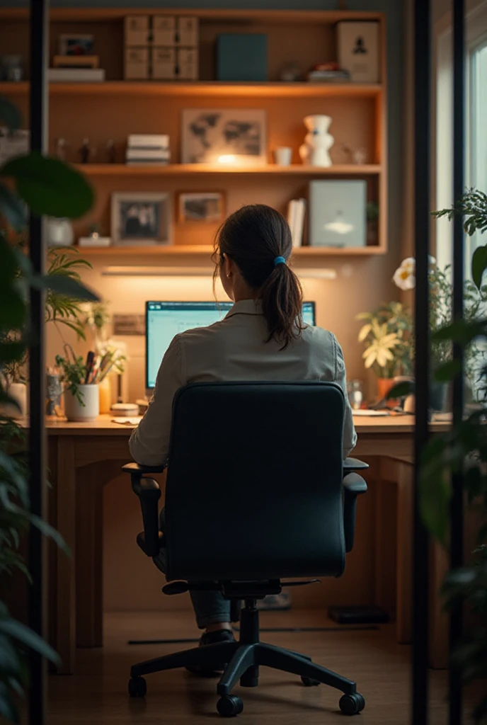 A girl working in a company on computer