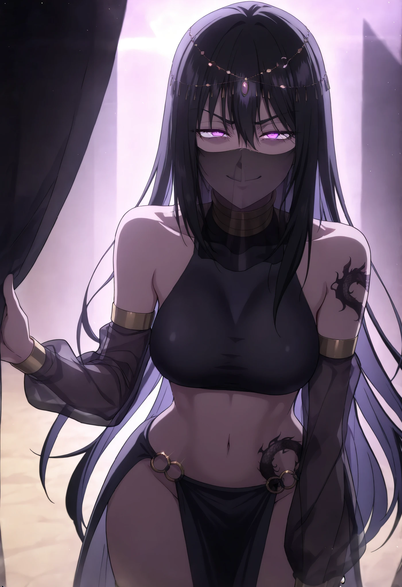 masterpiece, best quality:1.2), amazing quality, very aesthetic, 32k, soft lighting, absurdres, extremely beautiful, newest, scenery, extra details, (sharp detailed:1.2),1girl, solo,long hair, black hair, purple eyes, hair between eyes veil, mouth veil, circlet, arabian clothes, gold choker, turtleneck, covered collarbone, bare shoulders, black crop top, detached sleeves, see-through sleeves, midriff, navel, o-ring, waist cape, pelvic curtain gladiator , smile, medium large breast ,looking at viewer , dragon tattoo on waist, narrowed eyes, tattoo on waist, anipai_style , anime screencap , anime coloring, v-shape eyebrows,