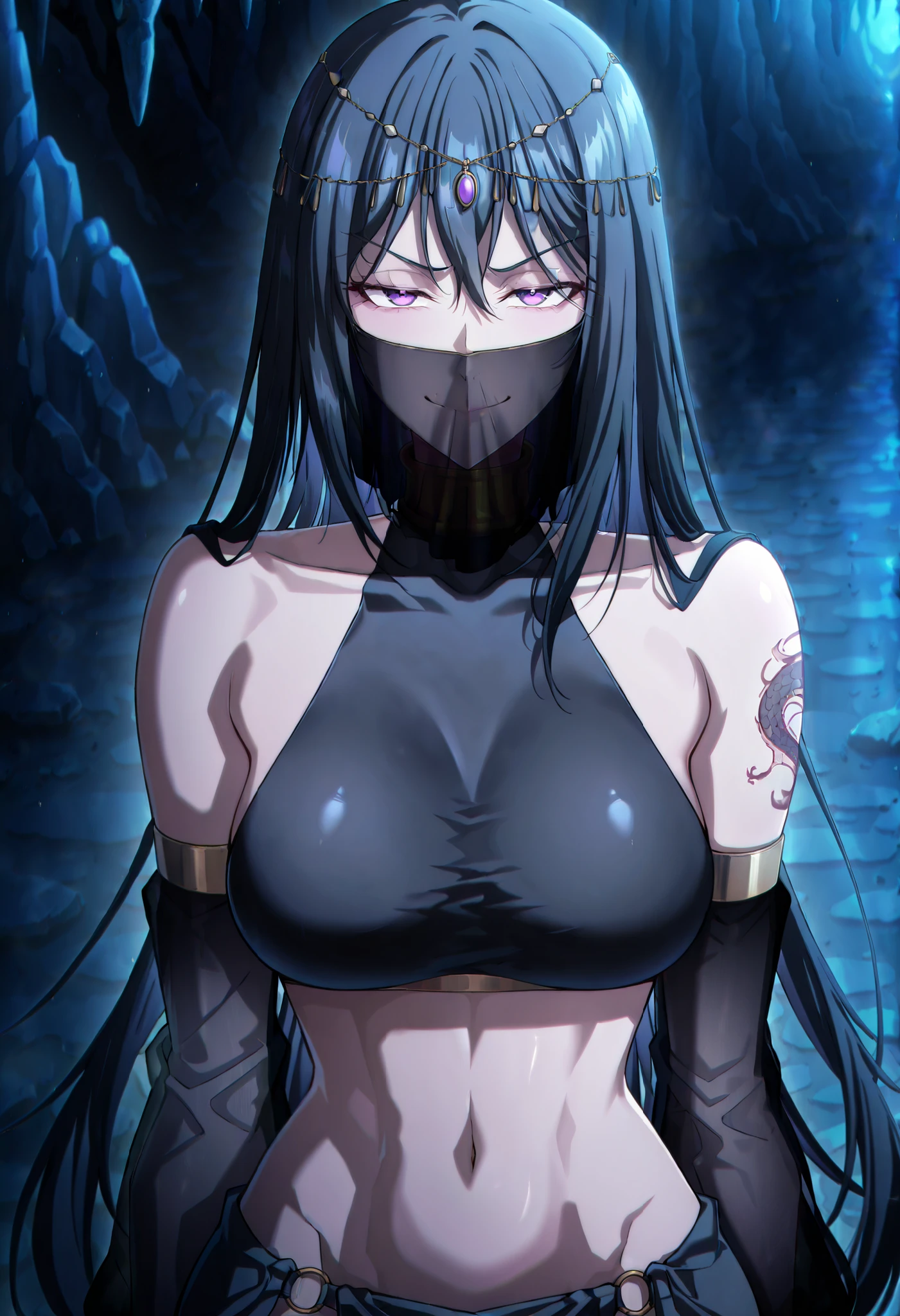 masterpiece, best quality, amazing quality, very aesthetic, absurdres, newest, scenery, 1girl, solo, , veil, long hair, mouth veil, black hair, purple eyes, circlet, hair between eyes, arabian clothes, gold choker, turtleneck, covered collarbone, bare shoulders, black crop top, detached sleeves, see-through sleeves, midriff, navel, o-ring, waist cape, pelvic curtain, standing, upper body, cave, dark, night, outside, looking at viewer, shiny skin, masterpiece, best quality, amazing quality, very aesthetic, absurdres, newest, scenery, smile, medium large breast ,looking at viewer , dragon tattoo on waist, narrowed eyes, tattoo on waist, anipai_style , anime screencap , anime coloring, v-shape eyebrows,