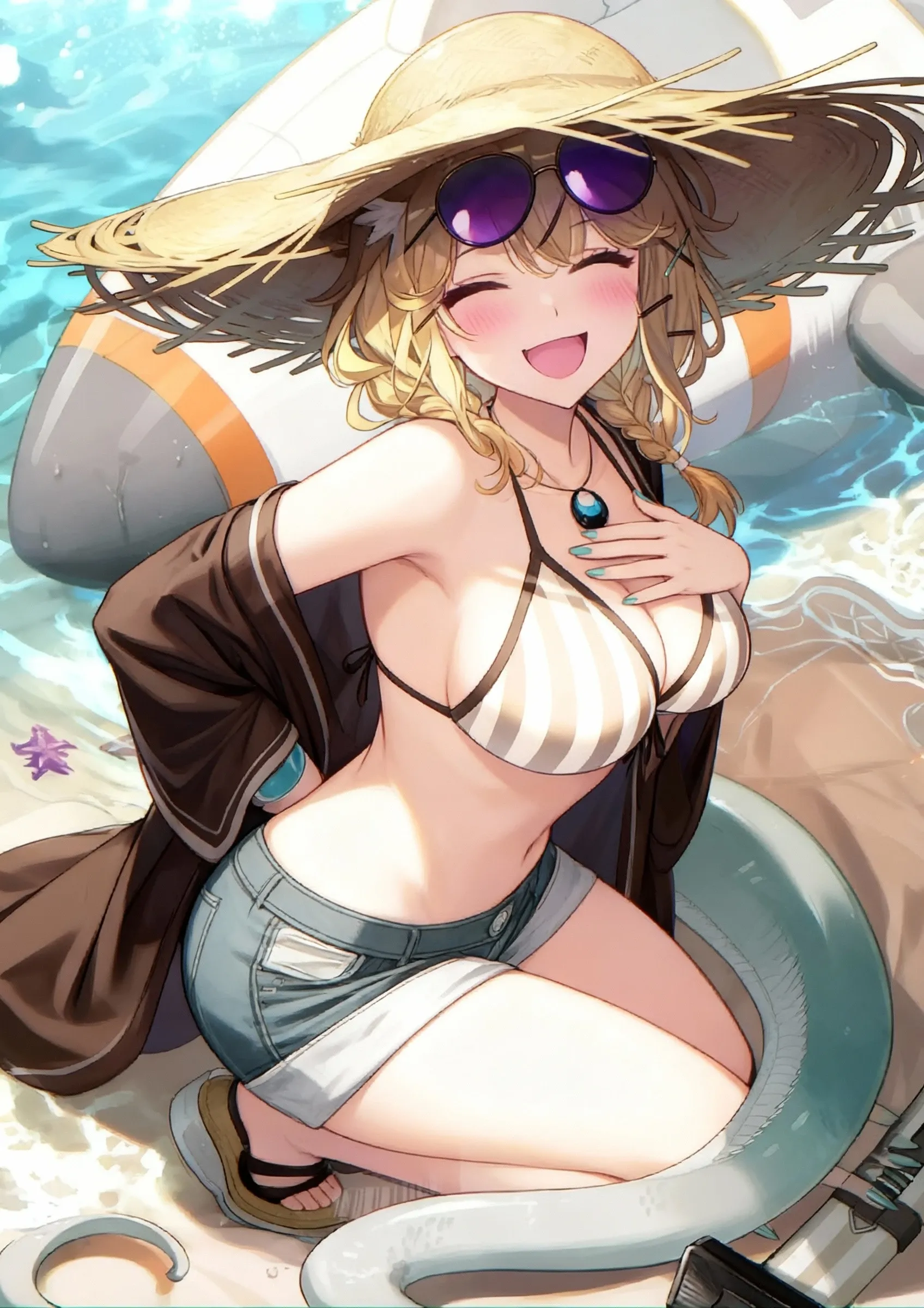 ((Highest quality、、masterpiece:1.3)), Upper Body、Long legs、Sharp focus:1.2, Beautiful woman with perfect figure:1.4、(Smiling:1.2), double eyelid、30-year-old female、???? pose、((((Close your mouth、One Woman、gold ????? girl,Beach、Tropical、Sandy Beach、Rocky area、Ocean)))),(((((one women)))))