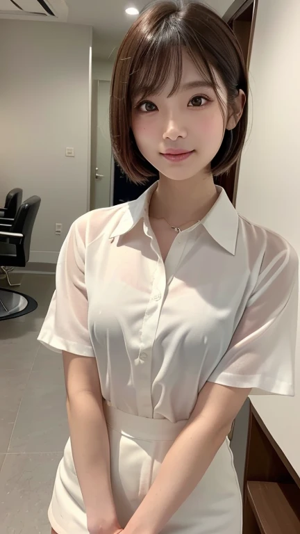 8k RAW photo, High resolution, 14 years old Korean, Very big round breasts, ribbon, Formal Shirt, Formal Skirt, Very thin mouth, Duck mouth, Grin,, intimidating pose, Beautiful eyes in every detail, Long eyelashes, Beautiful double eyelids, eye shadow, Long-term, Three white eyes, Beautiful slim legs, necklace, Earrings, short hair, The front door of a large company, Large corporate office