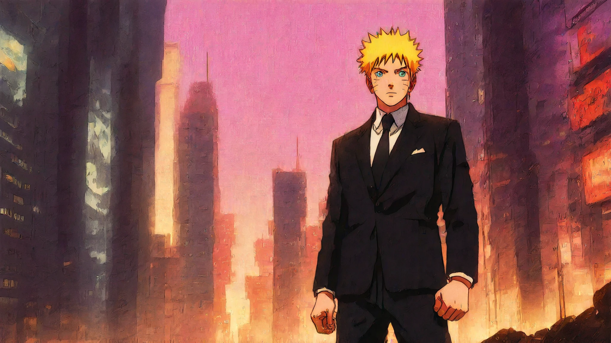 score_9, score_8_consolation, score_7_consolation, score_6_consolation, score_5_consolation, score_4_consolation, Usumaki Naruto, Blonde, black suit, black pants that break up, 1st son, alone, single, Retro_ art style , Retro, cyberpunk, Masterpiece, highres, cyberpunk city background