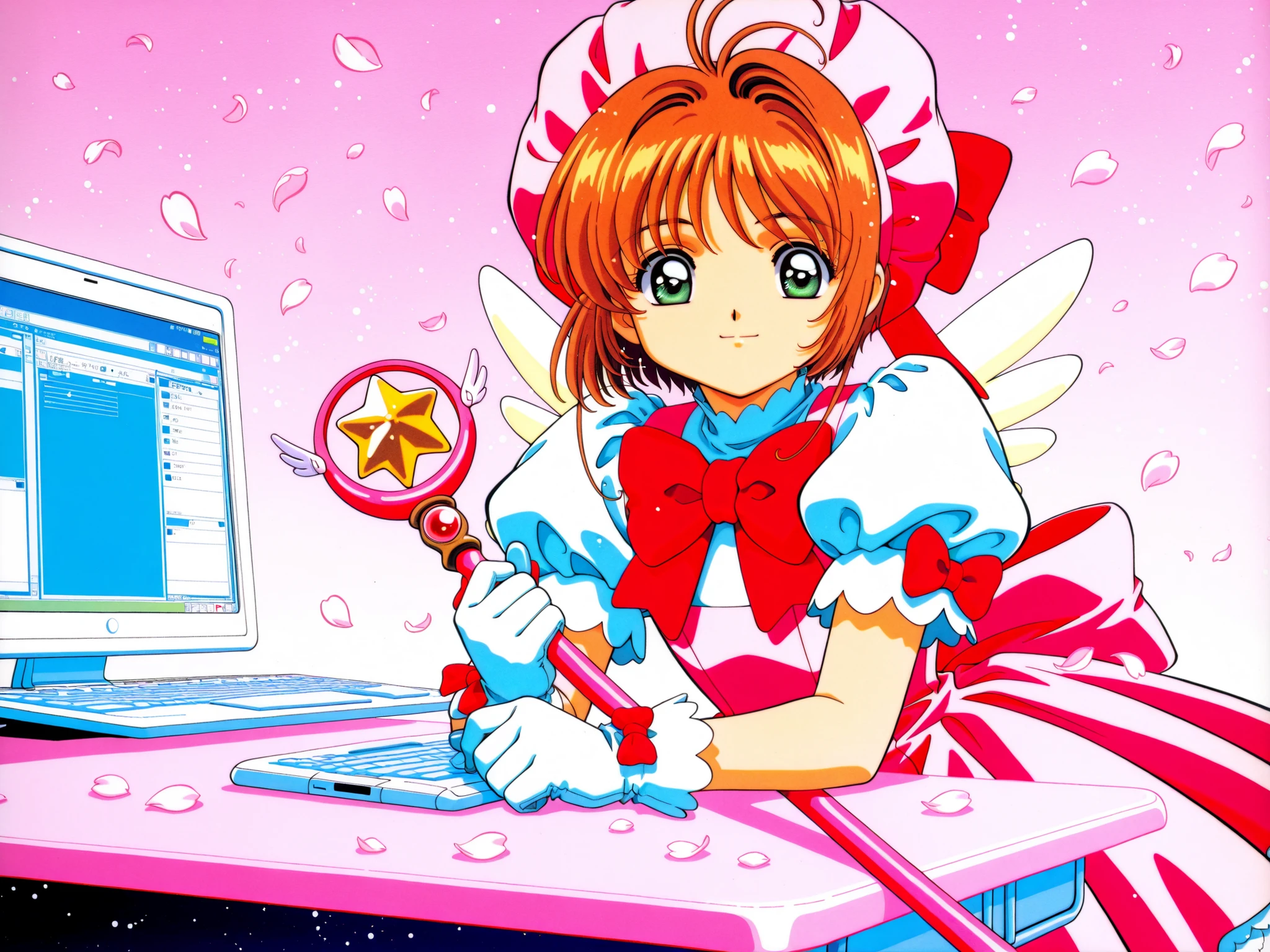 Anime Style,1girl,kinomoto sakura,solo,gloves,brown hair,hat,white gloves,dress,magical girl,green eyes,fuuin no tsue,wand,1990s (style),short hair,bow,petals,short sleeves,retro artstyle, pink headwear,smile,antenna hair,holding,puffy sleeves, sitting at a computer desk, using computer
