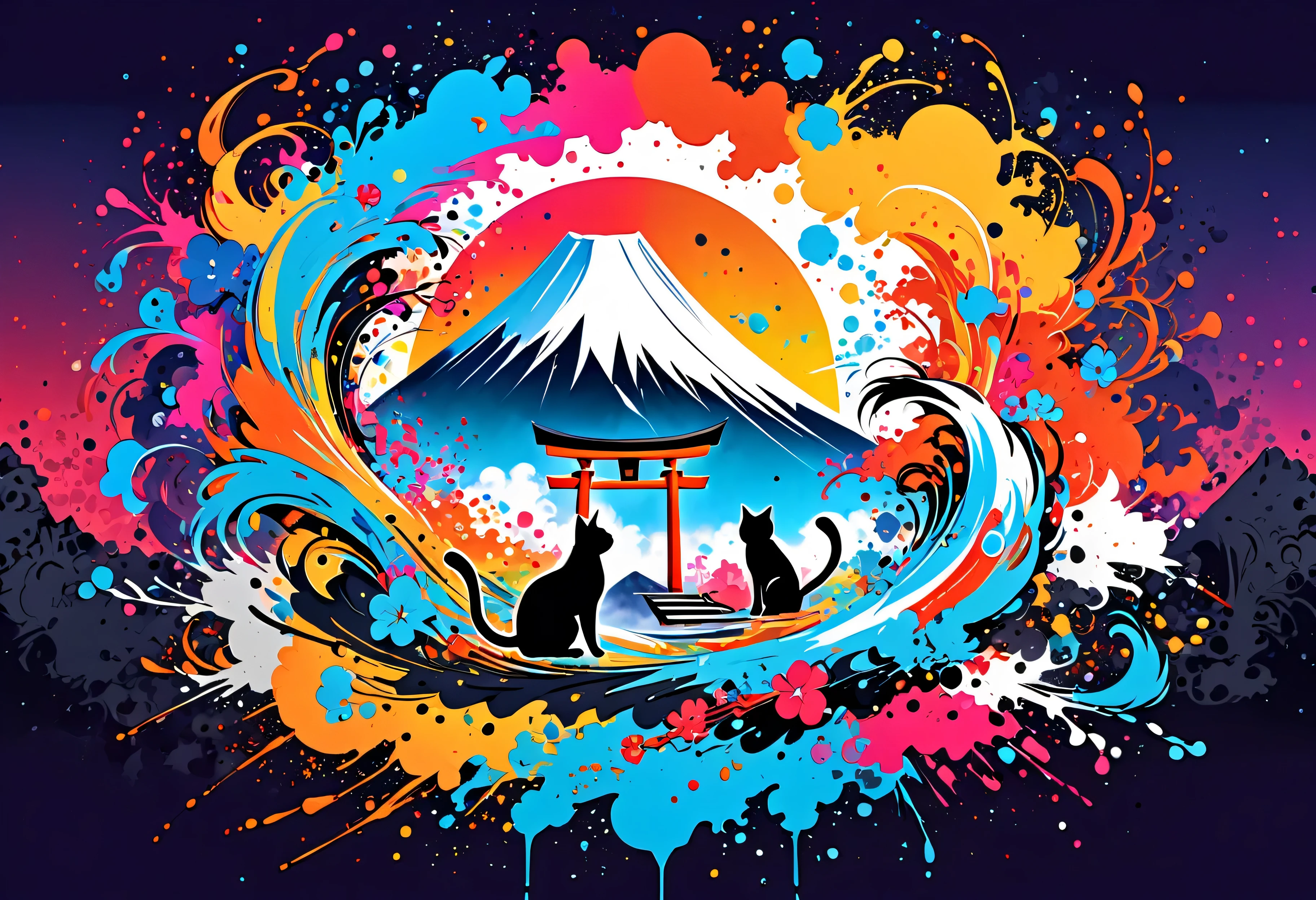 vector art with Colorful illustration with Cat, At the center, swirly vibrant colors，graffiti art，ink spatter，UHD quality, details in 16k, Wild and unbridled，ink wink painting，rich and colorful，visual impact,modern aesthetic,Elegant and simple, Mt.Fuji and torii Background