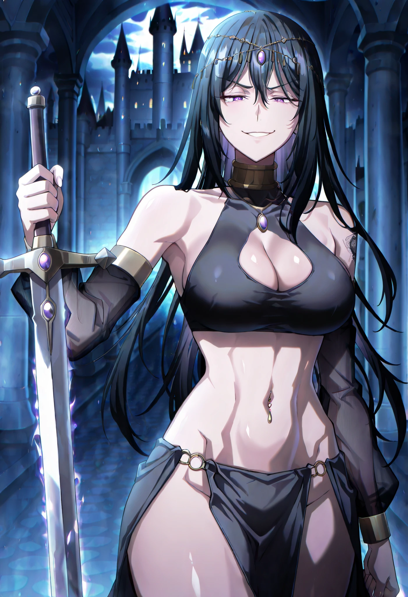 masterpiece, best quality, amazing quality, very aesthetic, absurdres, newest, scenery, 1girl, solo,  long hair,  black hair, purple eyes, circlet, hair between eyes, arabian clothes, gold choker, turtleneck, covered collarbone, bare shoulders, black crop top, detached sleeves, see-through sleeves, midriff, navel, o-ring, waist cape, pelvic curtain,, shiny skin, castle,inside castle, masterpiece, best quality, highly detailed ,gold_choker, complex detailed
background, inside, holding a sword, sword,harem_outfit,navel, necklace,
pelvic_curtain,revealing_clothes, veil, masterpiece,best quality,mature,evil
smile ,necklace,pendant, (nsfw) not safe for work, exposed belly, exposed navel, midriff,
exposed lower belly, ,cleavage, navel piercing, european architecture, palace, medium large breast ,looking at viewer , dragon tattoo on waist, narrowed eyes, tattoo on waist, anipai_style , anime screencap , anime coloring, v-shape eyebrows,