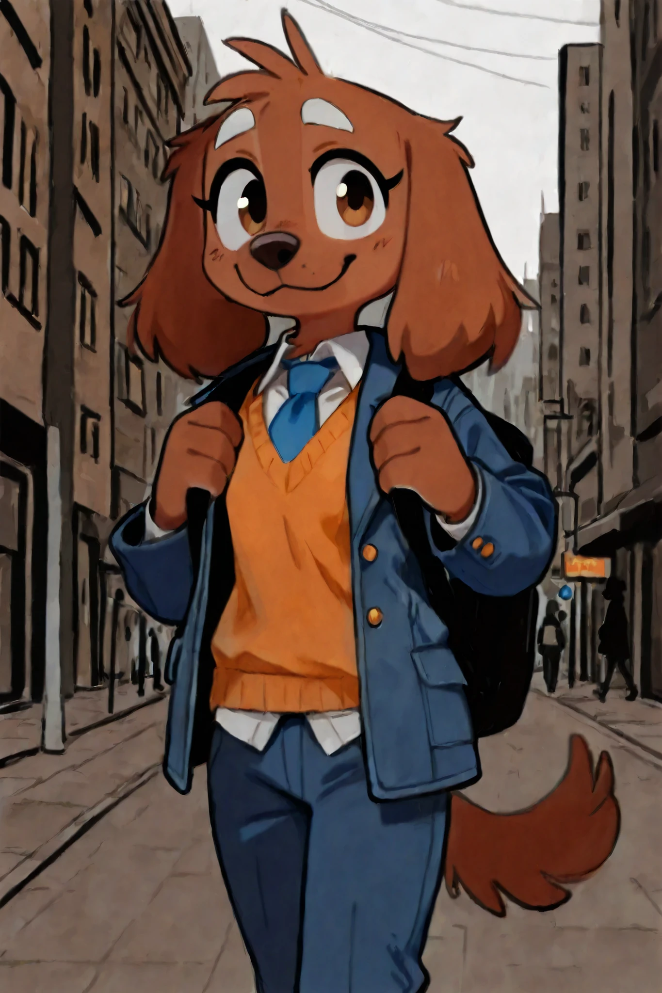 an brown dog walking in the park at morning wearing a blue furjacket, an orange vest sweater under the jacket and a white shirt with a blue tie under the vest sweater, and blue pants, brown fur:1, city background, happy expression, white eyebrows.