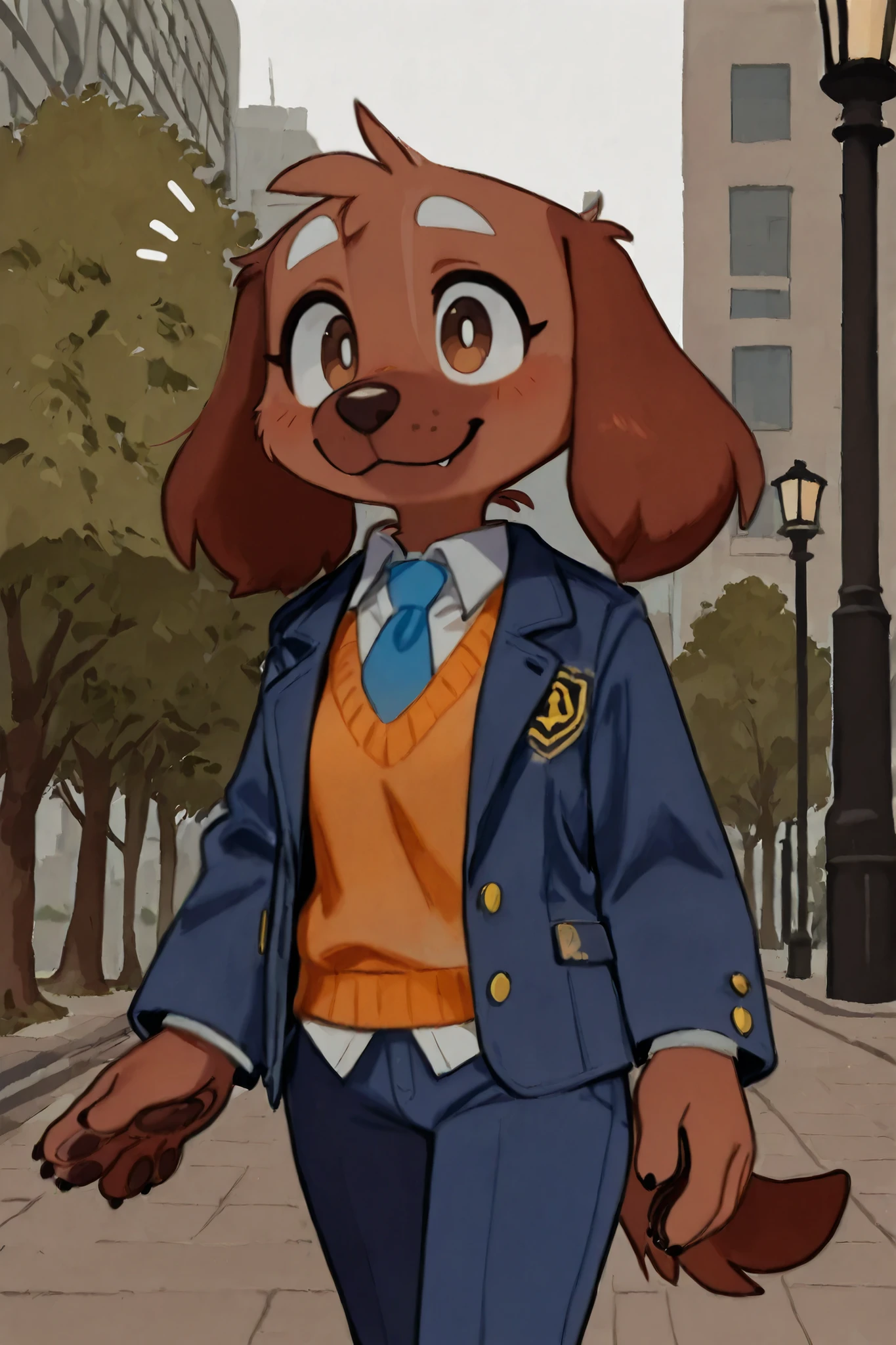 an brown dog walking in the park at morning wearing a blue furjacket, an orange vest sweater under the jacket and a white shirt with a blue tie under the vest sweater, and blue pants, brown fur:1, city background, happy expression, white eyebrows.