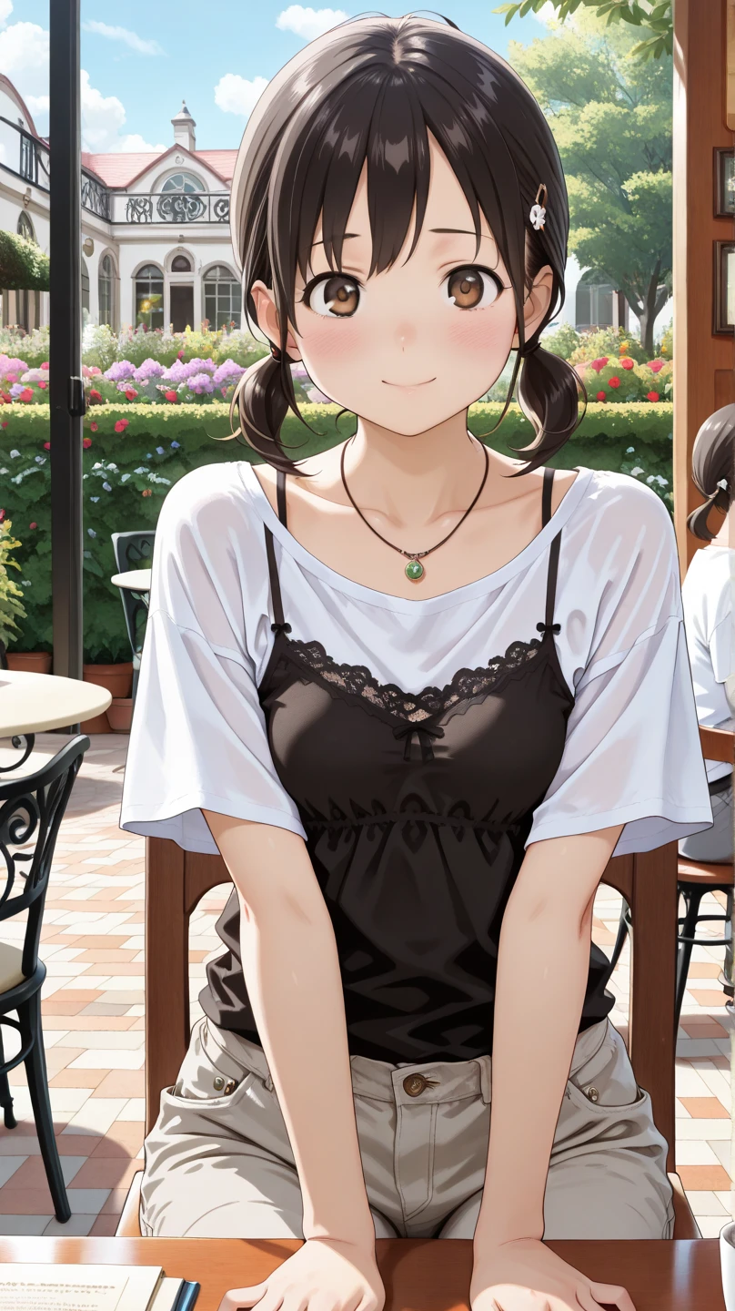 <lora:Shirai_Hinako_Blue_Reflection_illus:1>Shirai Hinako, lemon print skirt, casual outfit, 1girl, solo, looking at viewer, short hair, bangs, skirt, shirt, black hair, cafe background, closed mouth, sitting on the chair, table with sponge cake teapot and cup of tea, collarbone, white shirt, short sleeves, cowboy shot, medium pleated skirt, food, black eyes, gradient, fruit, bob cut, white skirt, lemon print skirt, anime color, cleavage,  smile, young-adult,  <lora:Add_more_details_pony:0.8> brick wall,