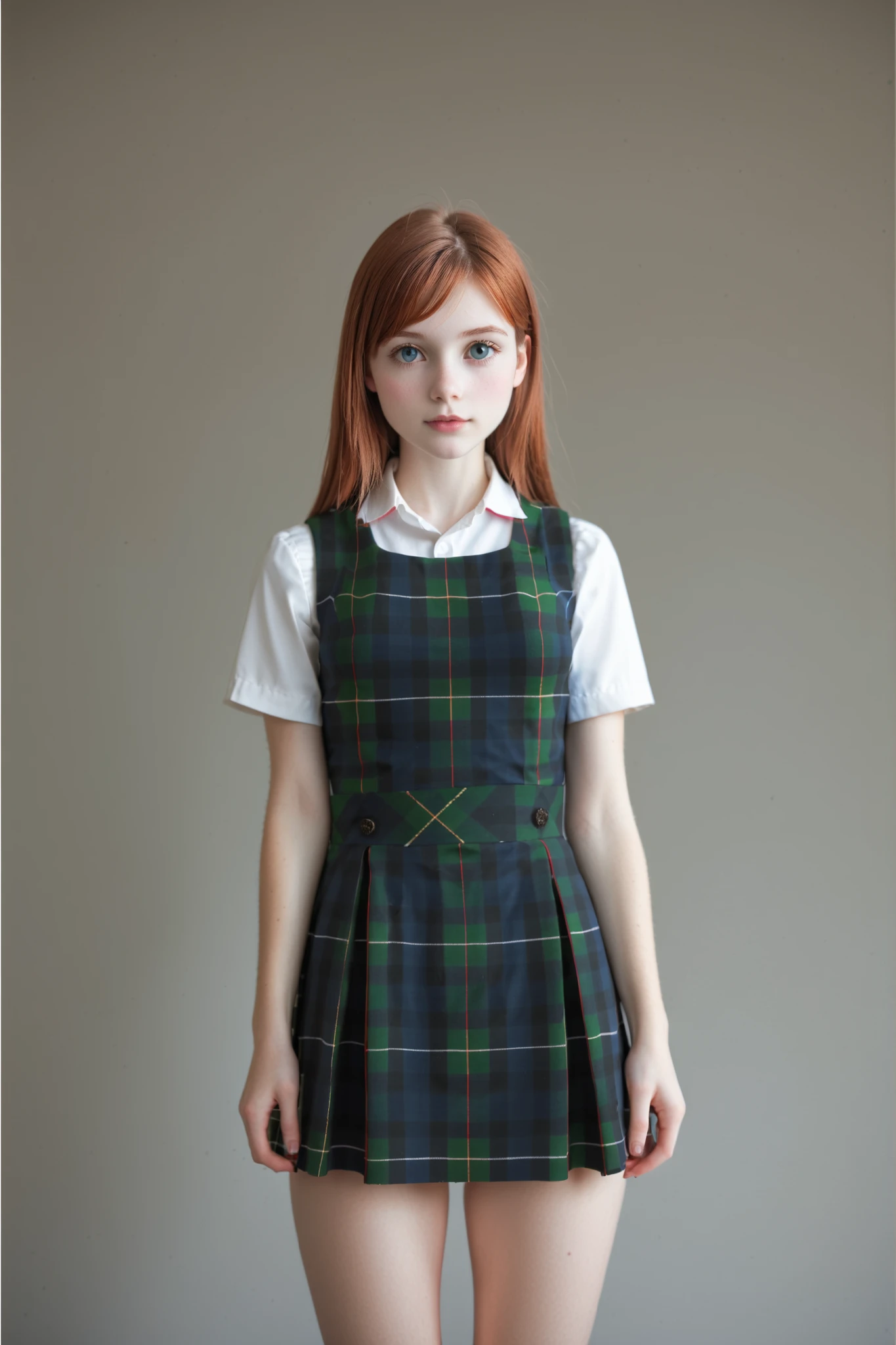 A (cute young girl:1.5) stands in a simple studio setting, characterized by a neutral gray background that accentuates the protagonist's attire. She has short, auburn hair with bangs. She has medium sized breasts and a (narrow waist:1.5). She wears a perfectly ironed white short-sleeved blouse, under a plaid pinafore jumper. The jumper features a classic tartan print, combining bold green, navy, and subtle red stripes that crisscross in neat lines, adding a traditional and elegant touch. The skirt of the jumper flares slightly at the hem, enhancing its youthful and playful appearance. The overall composition is well-lit, with soft lighting that ensures the colors and details of her clothing are vibrant and clear, creating a calm and serene atmosphere.