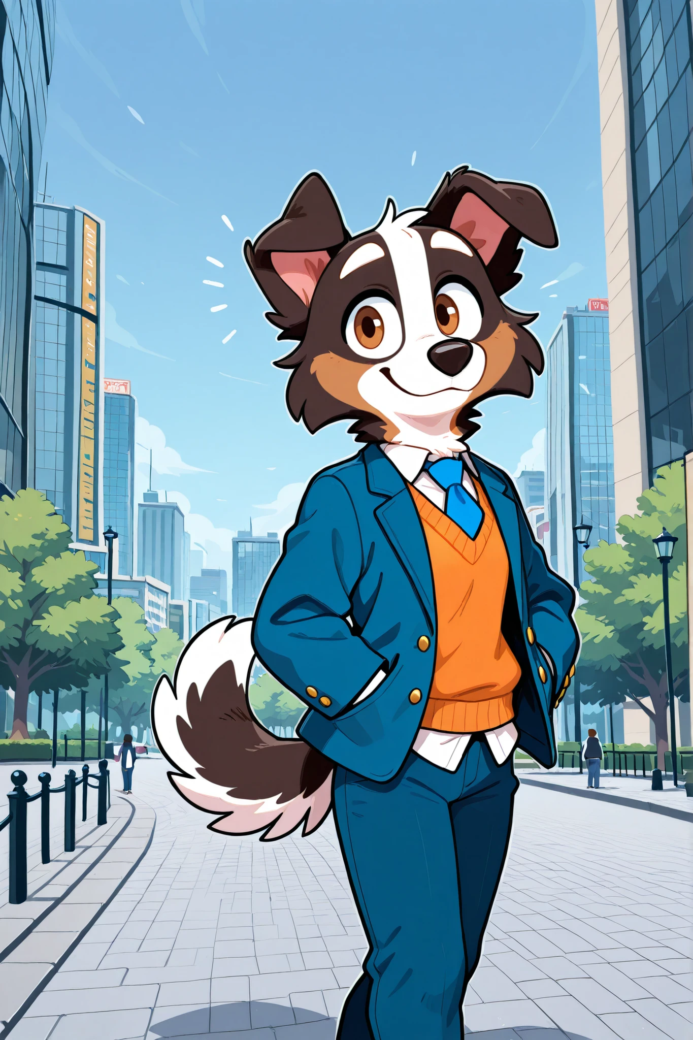an border collie dog walking in the park at morning wearing a blue furjacket, an orange vest sweater under the jacket and a white shirt with a blue tie under the vest sweater, and blue pants, brown fur:1, city background, happy expression, white eyebrows.