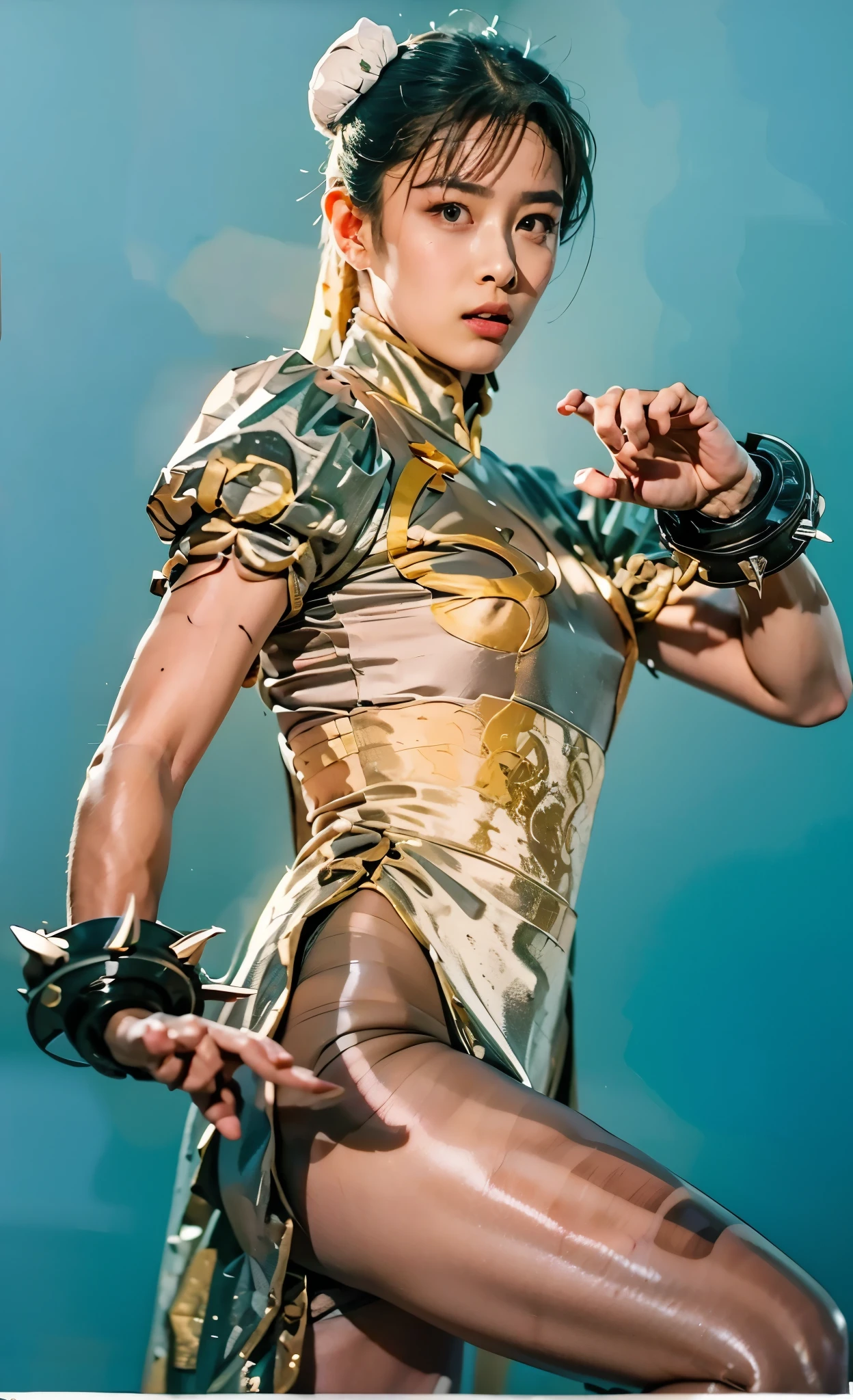 Decisive Pose, Chunli, face, silver costume, Fighting a formidable foe, Leo Chira , dynamic, hyperrealistic, photo real, high image quality, masterpiece, front camera angle, Viewers Who Hate Sex, pelvic curtainが横に大きく捲れて下から銀色のレオタードが見えている, Realistic, 8K, Dynamic, two white buns, monochromatic backgrounds