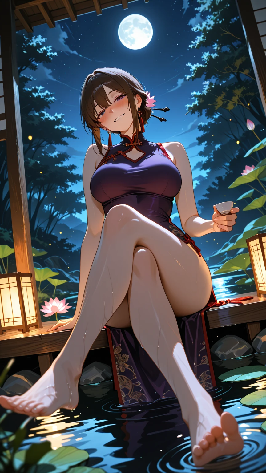 Sit by a lake full of lotus flowers，Feet playing with water，Art depicts a charming woman，Melon seed face，Dressed in a flowing manner、Silky traditional oriental dress，Long model，fiery red，Decorated with intricate patterns and bright colors。Her dress draped elegantly over her curvy figure，Highlights her seductive silhouette。She sits gracefully by the tranquil lotus lake，Feet playing with water，bathed in the soft glow of the moonlight。The scene exudes an ethereal and dreamy atmosphere，With a touch of mystery and sexiness。The image style incorporates watercolor and digital illustration techniques，It evokes a refined beauty and charm。The lights are filled with soft moonlight，casting soft highlights and shadows on her charming features。???? thighs，Three-dimensional facial features，sitted，your legs，Side braids，（extremely ???????????）），slightly fat ???????????，Enlarged ????????， succubi，Long horn，~coda，the night，bonfires，stars，?????????，tmasterpiece，Faraway view，Two pink bumps，slightly fat ???????????，fat meat，Fat super ???，florals，Inside T，Unoccluded，Petite