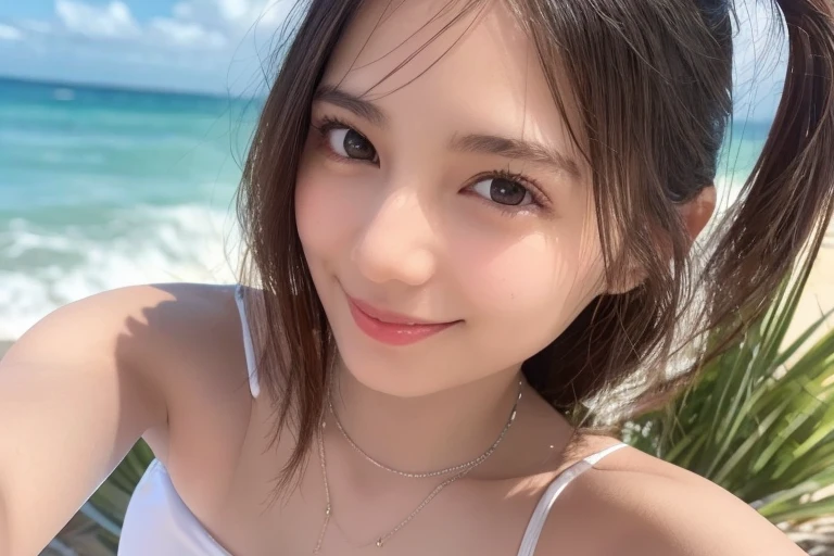 masutepiece, Best Quality, Illustration, Ultra-detailed, finely detail, hight resolution, 8K Wallpaper, Perfect dynamic composition, Beautiful detailed eyes, Natural Color Lip,Beach, Random and cute poses, selfie photo, flowing bangs,cleavage of the breast, Smile Face