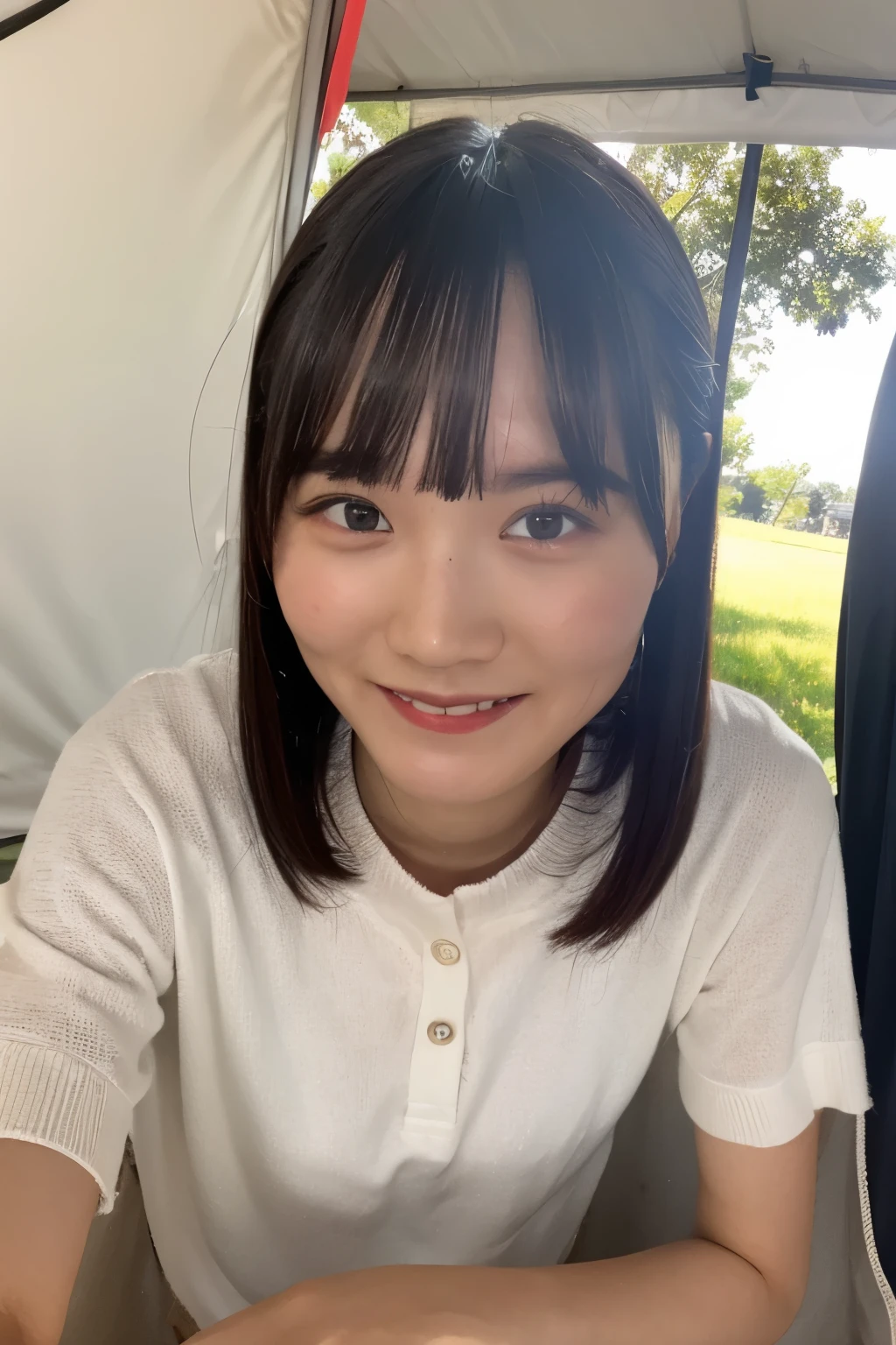 ((super high resolution,details,masterpiece)), soro camp, in front of tent, smile