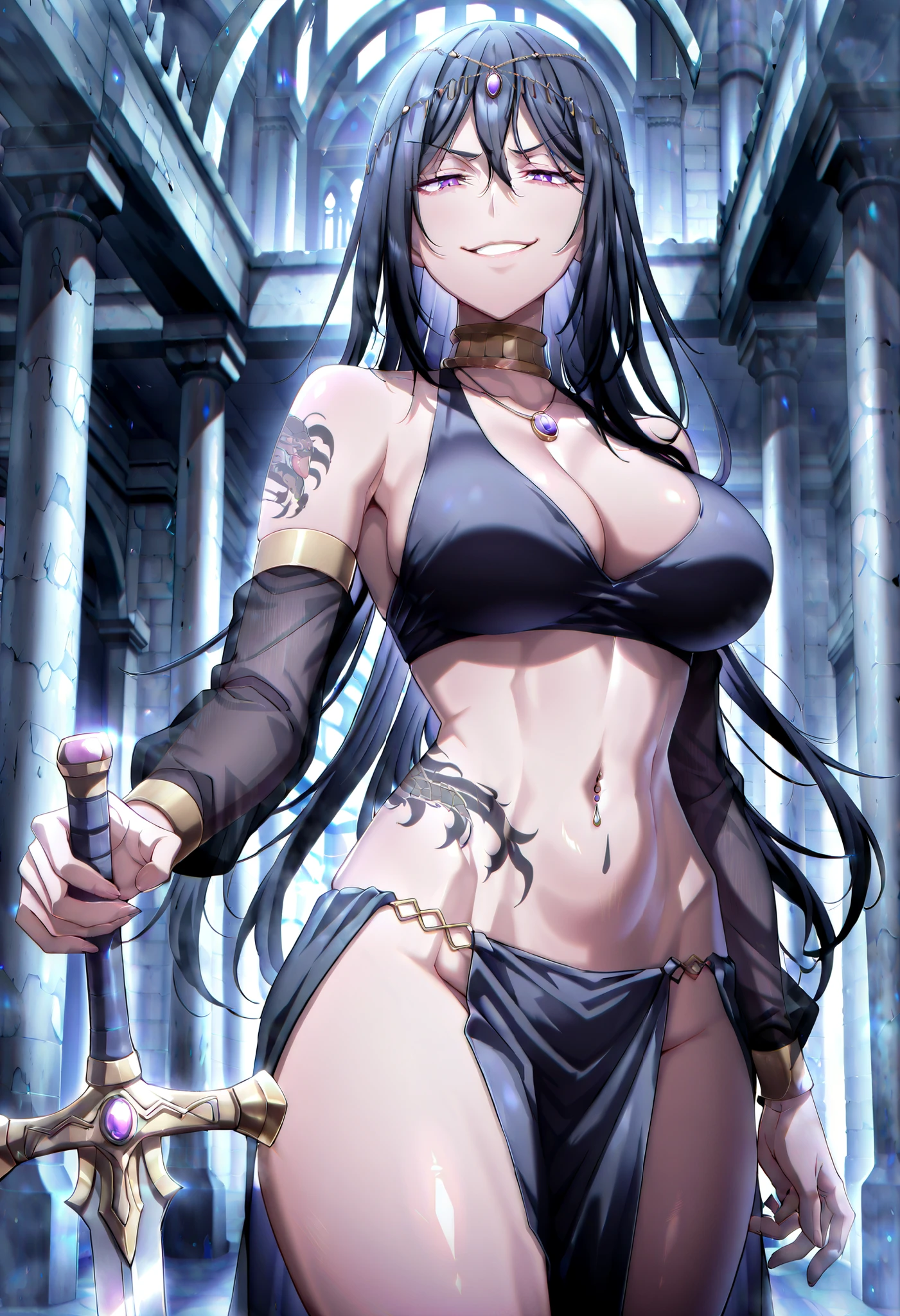 masterpiece, best quality, amazing quality, very aesthetic, absurdres, newest, scenery, 1girl, solo,  long hair,  black hair, purple eyes, circlet, hair between eyes, shiny skin, castle,inside castle, masterpiece, best quality, highly detailed ,gold_choker, complex detailed
background, inside, holding a sword, sword,harem_outfit,navel, necklace,
pelvic_curtain,revealing_clothes, veil, masterpiece,best quality,mature,evil
smile ,necklace,pendant, (nsfw) not safe for work, exposed belly, exposed navel, midriff,
exposed lower belly, ,cleavage, navel piercing, european architecture, palace, medium large breast ,looking at viewer , dragon tattoo on waist, narrowed eyes, tattoo on waist, anipai_style , anime screencap , anime coloring, v-shape eyebrows,
