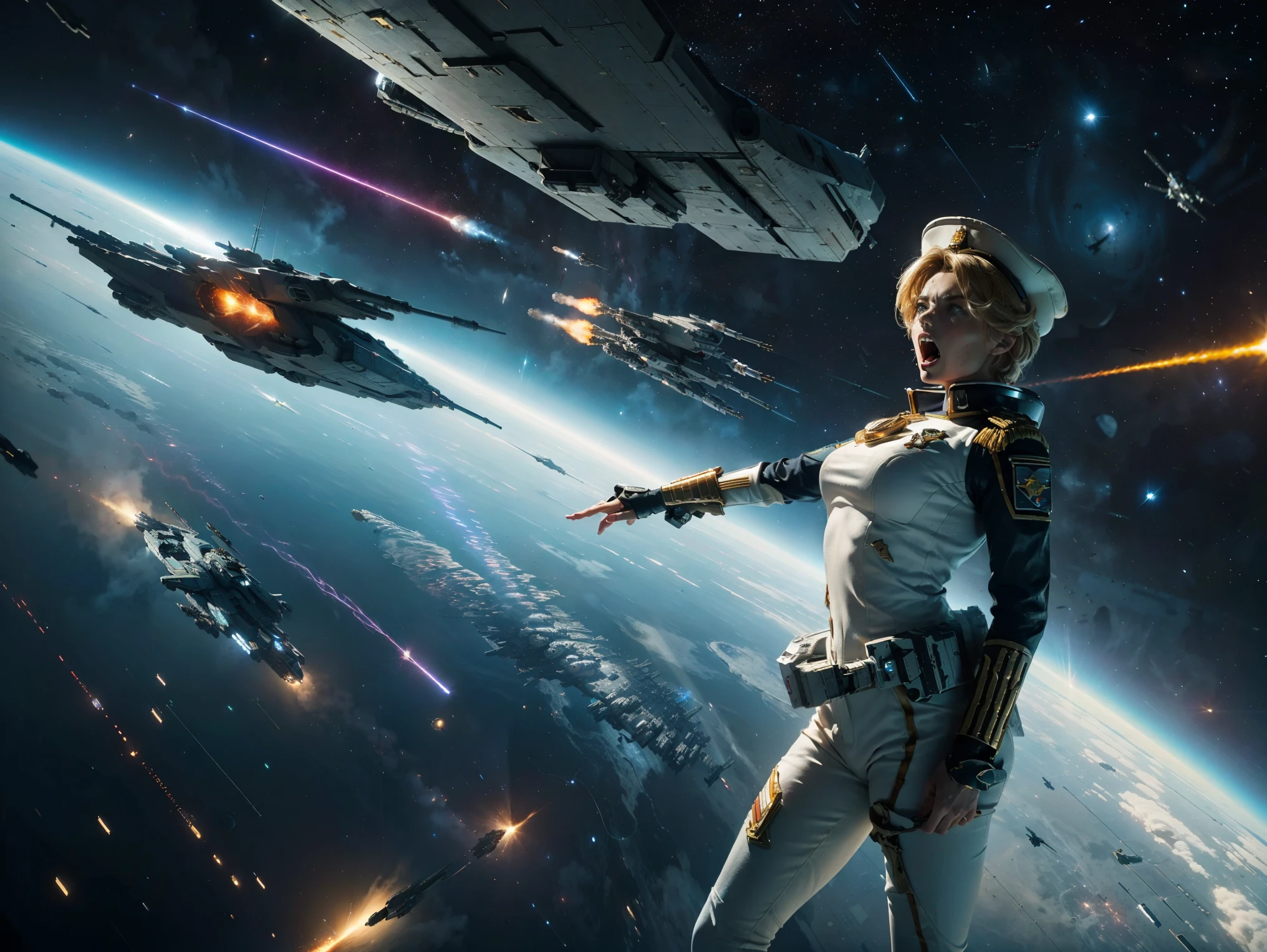 a close up of a woman in a yellow dress holding a gun, retrofuturistic science fantasy, [ bubbles, her head raised in rapture, a  blonde warrior, website banner, inspired by Earle Bergey, attacked submarine in background, irradiated humans, brown armor, pin - up girl, youtube thumbnail, wearing diamond armor, widescreen --ar 16:9 --v 5.1