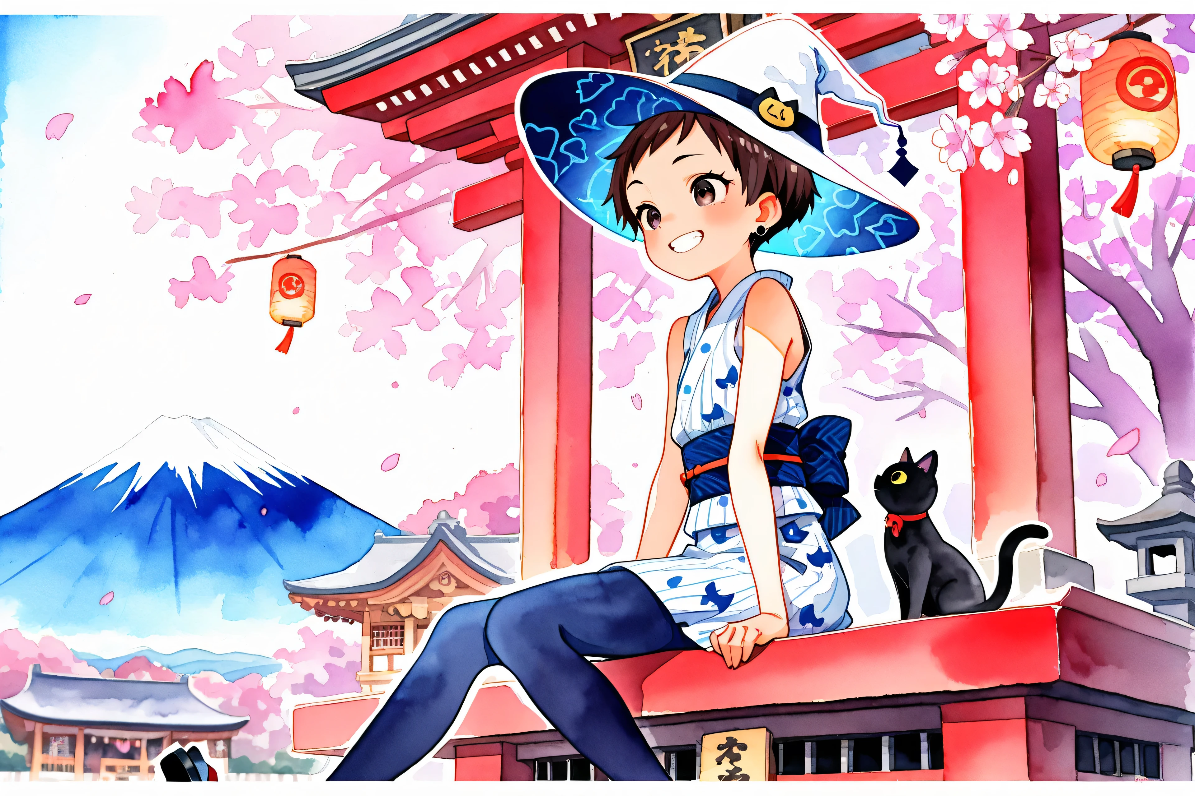 (((Watercolor-style))),(((Watercolor))),((no-outline)),((no- borders)),Blurred, HDR, (( Highest Quality )), ((masterpiece)), ( details),colorful,next to b,Japan Festival,well-dressed,girls,shrine,Petite, Slim,red very short hair,,dark brown eyes,black cat earrings,White-blue Japanese yukata,Bat pattern ,Sleeveless,Miniskirt,pantyhose,Japanese Clogs,Witch Hat,black cat ornament,playful smile,teeth,Japanese lanterns,sitting,mt.fuji,noon,cherry blossoms 