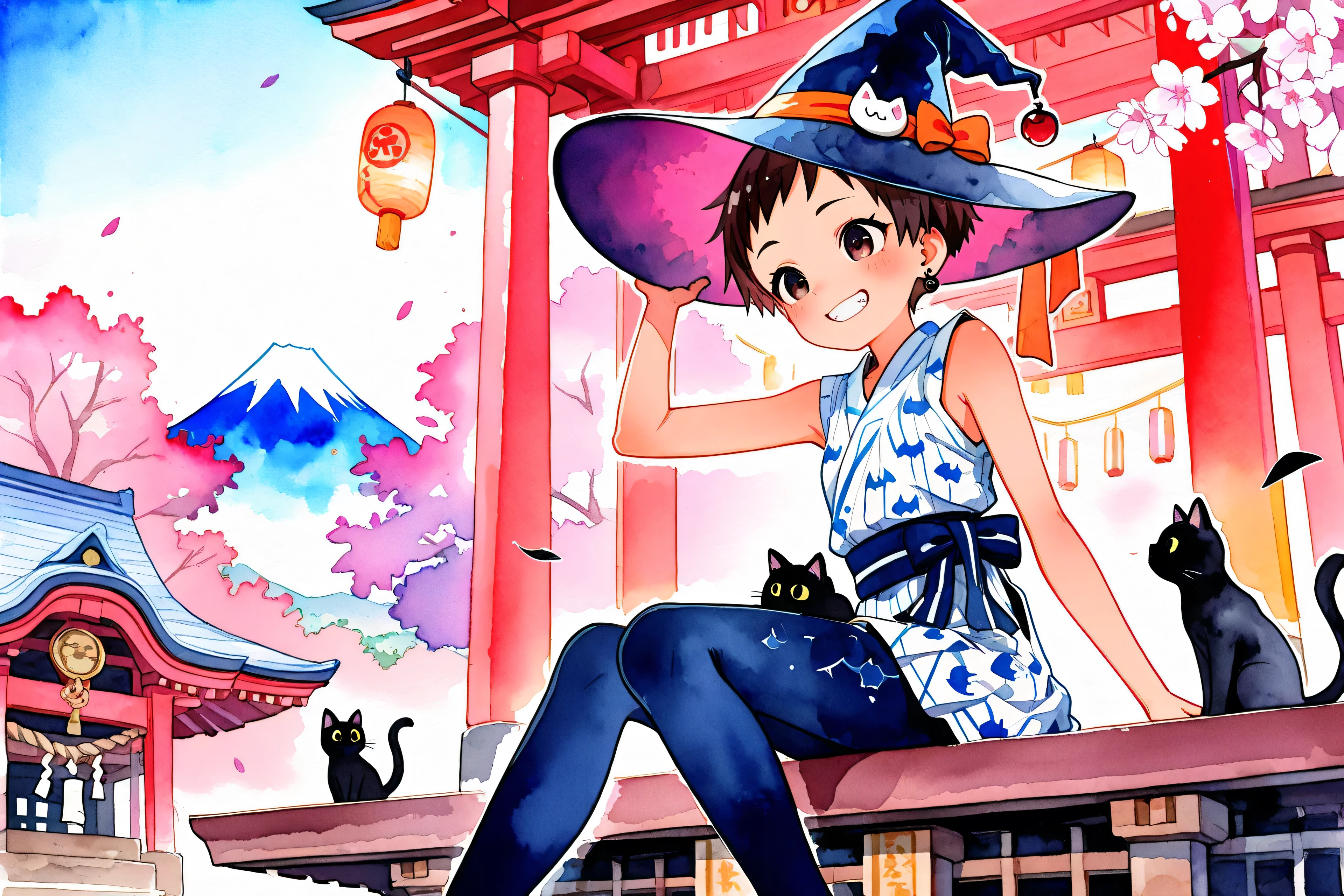 (((Watercolor-style))),(((Watercolor))),((no-outline)),((no- borders)),Blurred, HDR, (( Highest Quality )), ((masterpiece)), ( details),colorful,next to b,Japan Festival,well-dressed,girls,shrine,Petite, Slim,red very short hair,,dark brown eyes,black cat earrings,White-blue Japanese yukata,Bat pattern ,Sleeveless,Miniskirt,pantyhose,Japanese Clogs,Witch Hat,black cat ornament,playful smile,teeth,Japanese lanterns,sitting,mt.fuji,noon,cherry blossoms 