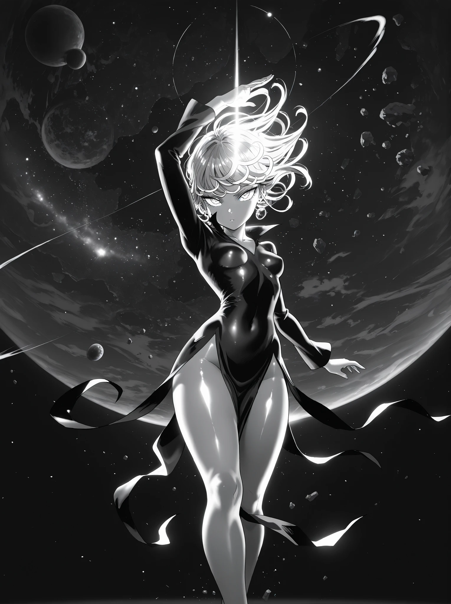Tatsumaki,dynamic pose, masterpiece, top quality, calidad asombrosa, muy estético, absurd, high resolution, NEW, soft shading, shiny surfaces, iluminación sutil, glow, High contrast, glowing skin focus, anime style,outer space,meteorite,powerful,galaxies,telekinesesis,floating rocks,Planet Earth in the background