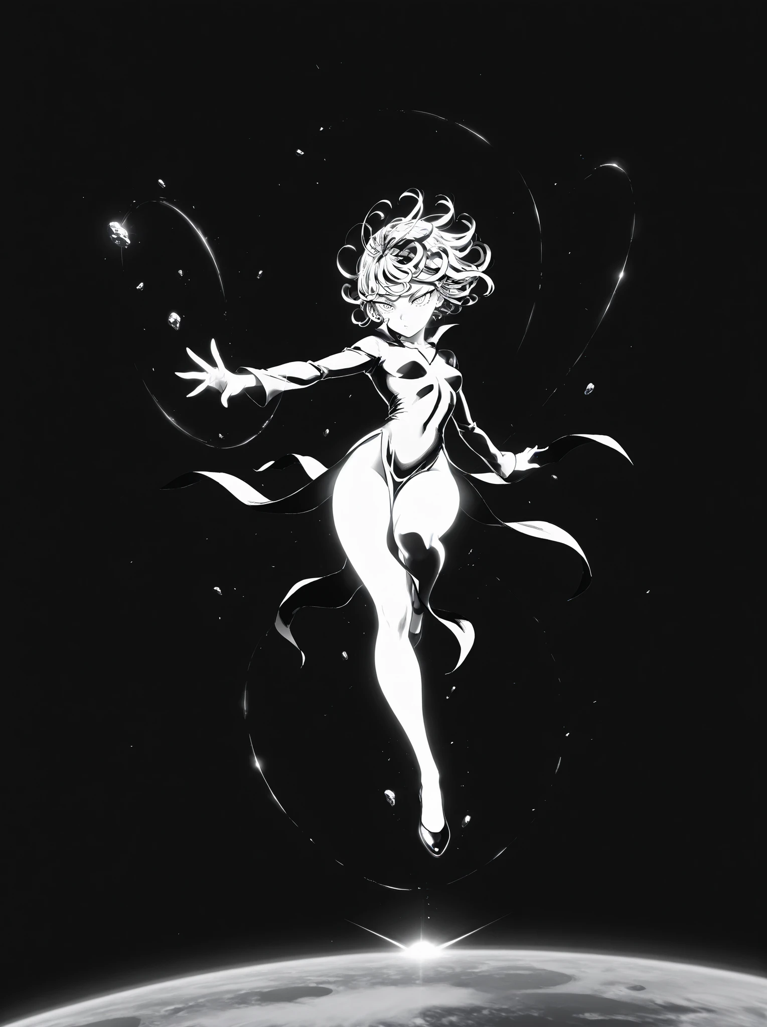 Tatsumaki,dynamic pose, masterpiece, top quality, calidad asombrosa, muy estético, absurd, high resolution, NEW, soft shading, shiny surfaces, iluminación sutil, glow, High contrast, glowing skin focus, anime style,outer space,meteorite,powerful,galaxies,telekinesesis,floating rocks,Planet Earth in the background