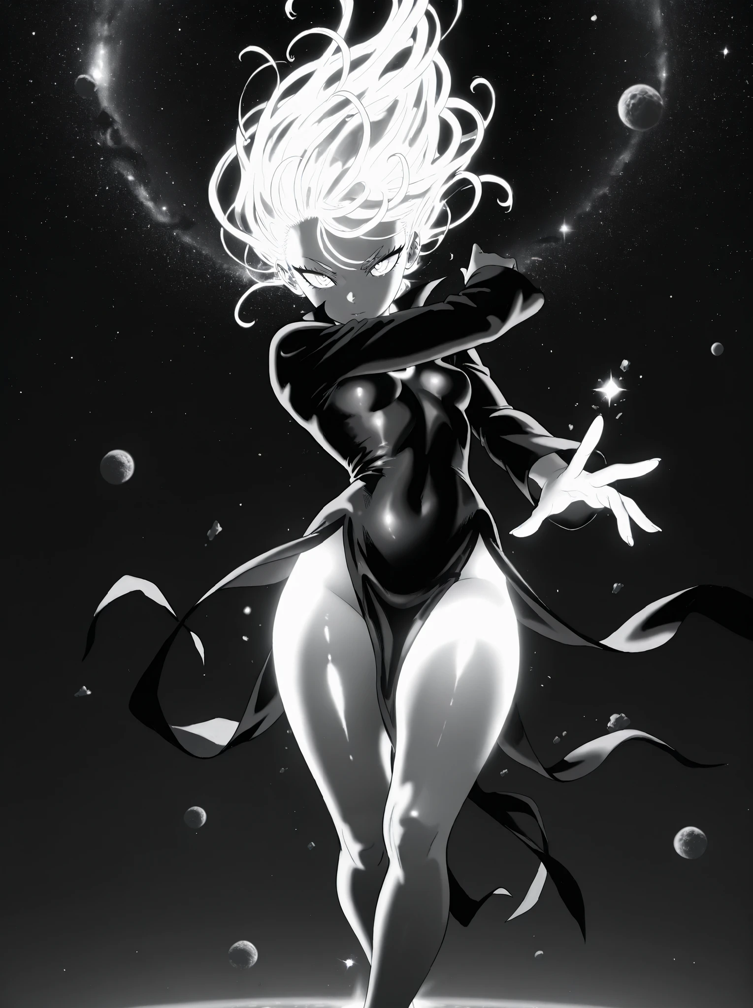 Tatsumaki,dynamic pose, masterpiece, top quality, calidad asombrosa, muy estético, absurd, high resolution, NEW, soft shading, shiny surfaces, iluminación sutil, glow, High contrast, glowing skin focus, anime style,outer space,meteorite,powerful,galaxies,telekinesesis,floating rocks,epic dinner
