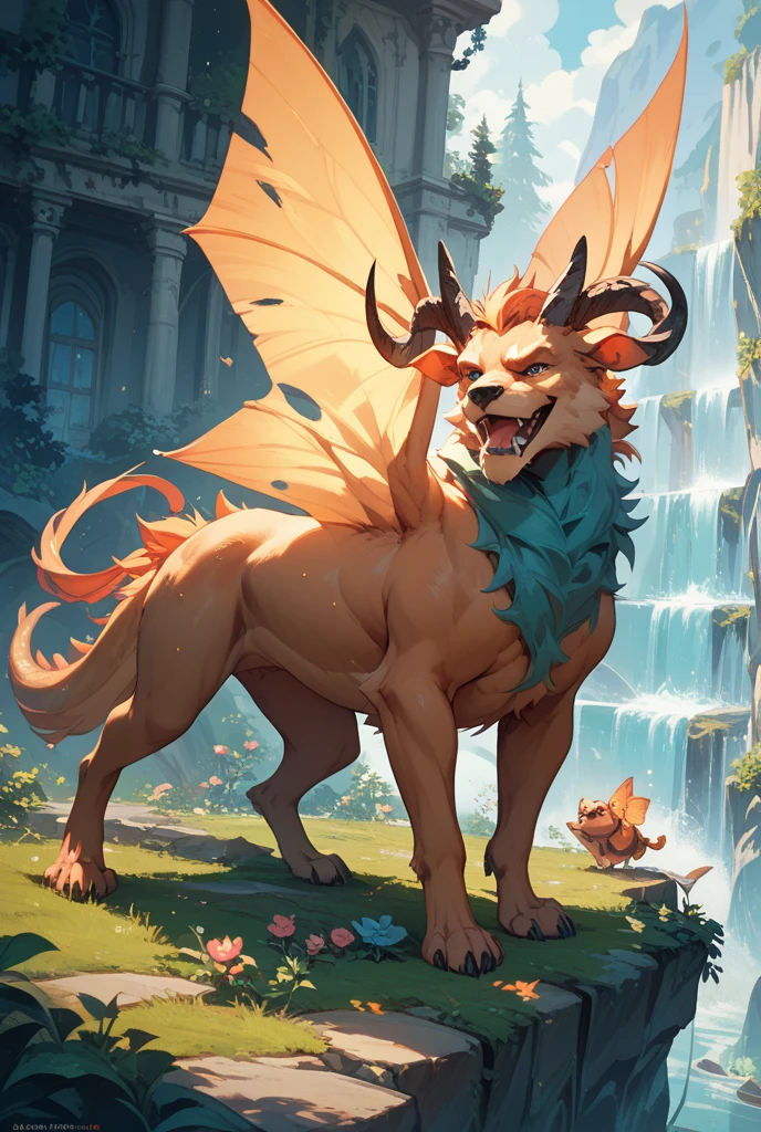 ultra-detailed, masterpiece, masterwork, high quality, best quality, hdr, (nature), , male, solo, dragon, (()), (little red body minotaur), (white chubby body), (long golden hair, yellow eyes), standing, dynamic angle, (micropenis, , perfect ), public hair, (cross your arms), earrings