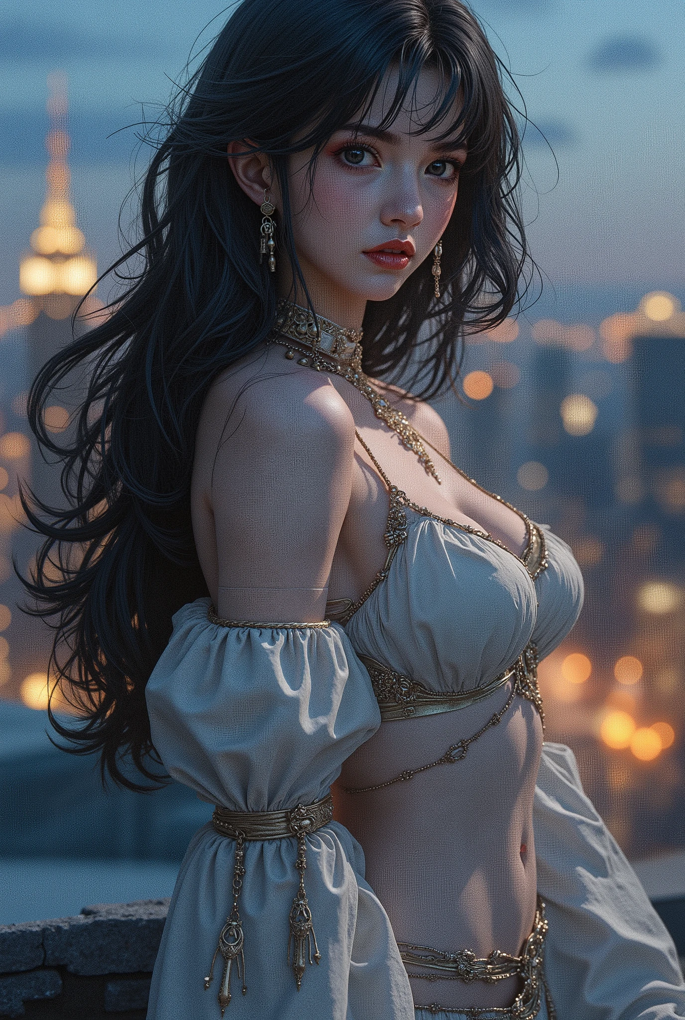 (8k, highest quality, masterpiece), (Realistic, photorealistic: 1.37), Highly detailed, {Woman standing on a rooftop at night}, Highly recognizable, Miniature, Detailed depiction of clip-on hair art, Dreamy, hyper-realistic mixed fantasy world, Combination of realistic and fantastical elements (smiling), Sweet and deadly, Alluring, Full body shot, Gorgeous museum, Nude female thief, Shadow movement, Graceful gestures, Tight air, Perfect posture,

(Big breasts: 1.5)

(Saggy breasts: 1.5)

Large labia: 1.1

Large clitoris: 1.1

Beautiful, gorgeous long black hair

Cowboy shot