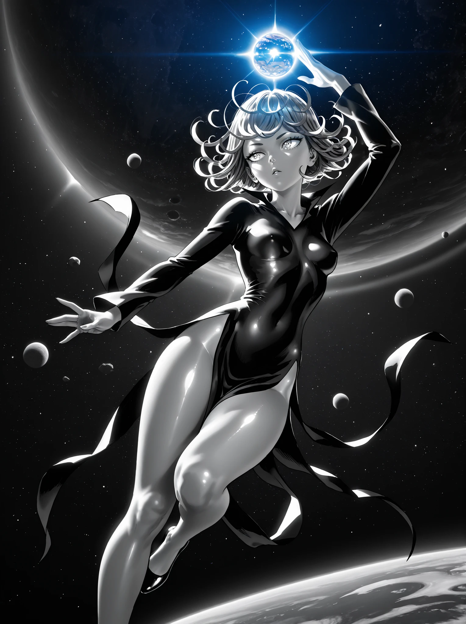 Tatsumaki,dynamic pose, masterpiece, top quality, calidad asombrosa, muy estético, absurd, high resolution, NEW, soft shading, shiny surfaces, iluminación sutil, glow, High contrast, glowing skin focus, anime style,outer space,meteorite,powerful,galaxies,telekinesesis,floating rocks,Planet Earth in the background,Realistic colors,realistic lighting