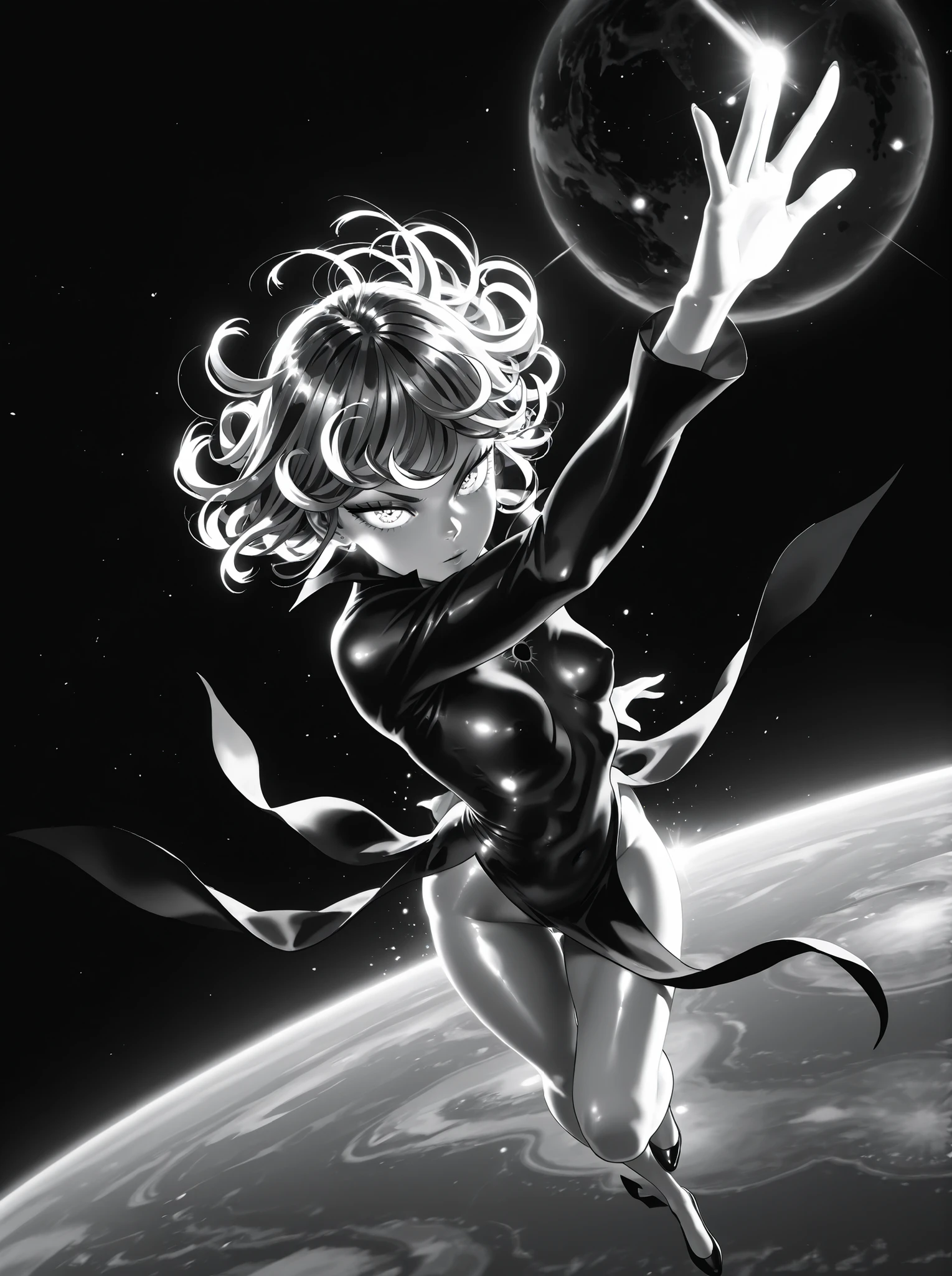 Tatsumaki,dynamic pose, masterpiece, top quality, calidad asombrosa, muy estético, absurd, high resolution, NEW, soft shading, shiny surfaces, iluminación sutil, glow, High contrast, glowing skin focus, anime style,outer space,meteorite,powerful,galaxies,telekinesesis,floating rocks,Planet Earth in the background,Realistic colors,realistic lighting