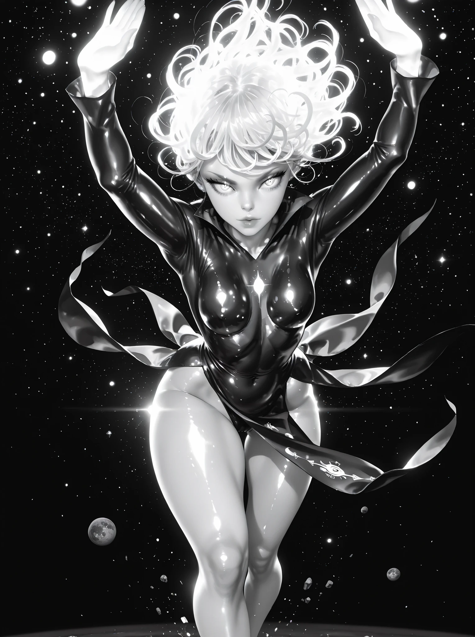 Tatsumaki,dynamic pose, masterpiece, top quality, calidad asombrosa, muy estético, absurd, high resolution, NEW, soft shading, shiny surfaces, iluminación sutil, glow, High contrast, glowing skin focus, anime style,outer space,meteorite,powerful,galaxies,telekinesesis,floating rocks, Realistic colors,realistic lighting