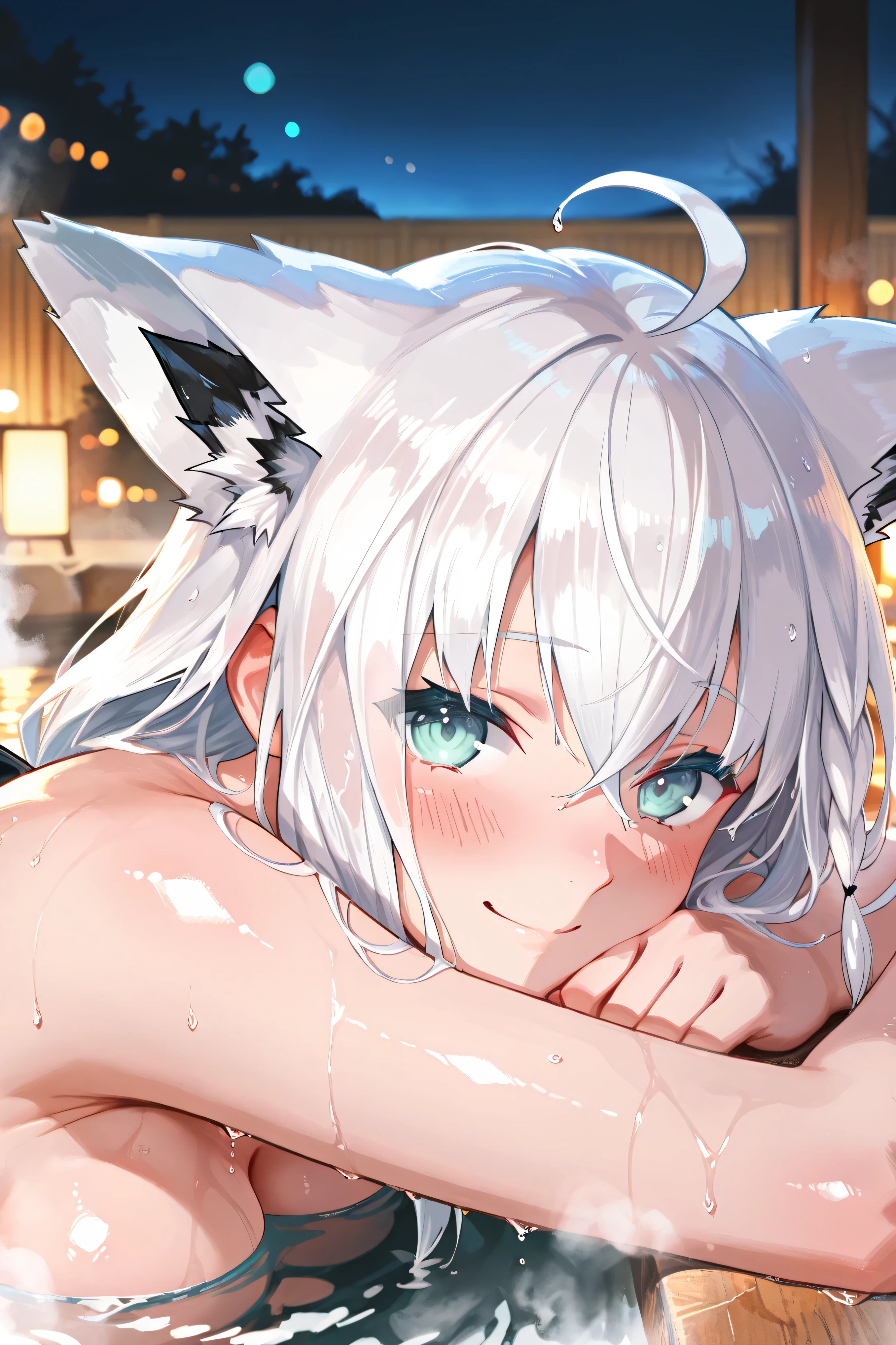 1girl, Shirakami Fubuki_(Hololive on the game), High Quality, masterpiece, 4K, 8k, Hi-Res, super detailed, HDR, ultra high res, studio lighting, Ultra Fine Painting, Extremely Detailed Description, Professional, bright colors, Bokeh, Anime Style,source anime ,shiny skin, Cinematic, masterpiece, 最High Quality, Good quality, Newest,  
wet hair, wet, in water, onsen, night, submerged, portrait, close-up, face down on the edge of the bathtub, side view, medium-sized breasts, looking at the viewer, shy, smiling, steam