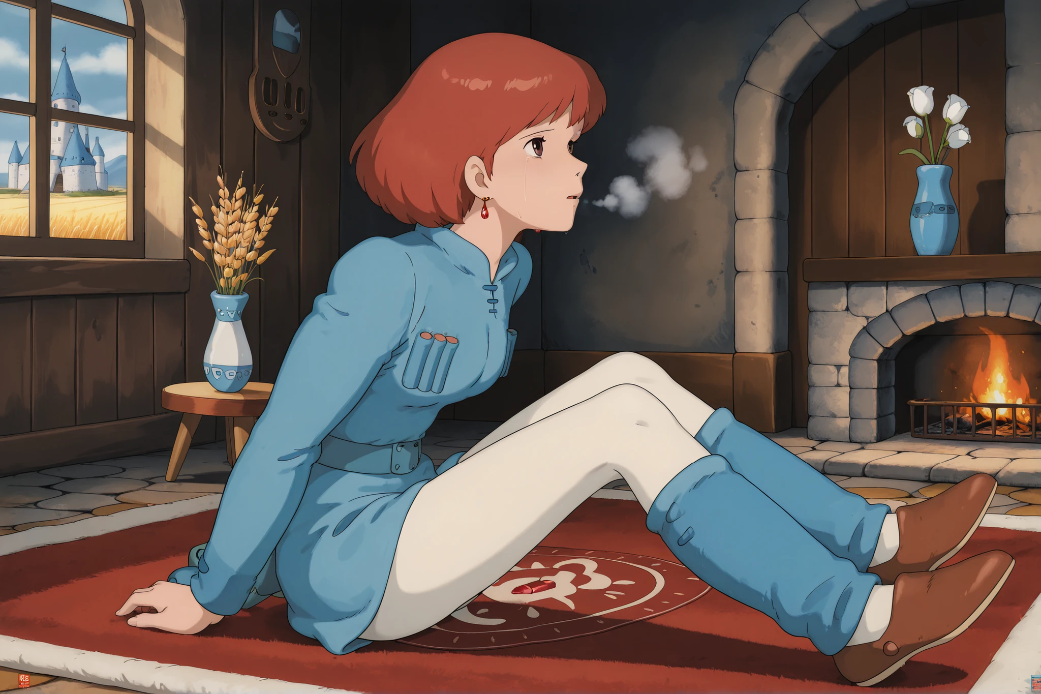 1 girl only, white tights,,Nausicaa,1girl,brown hair,medium hair,brown eyes, breasts,, (Masterpiece, top quality, 8k, High quality anime, detailed and accurate anime poster, Studio Ghibli style, High sense Art ), adorable face, very kind face, Sitting with both legs bent on floor rug in her private room, bend backward, bed, small table, fireplace, flower in a vase, large bay window, Exotic atmosphere, put hands behind own back, Quilted lap blanket, hot breath close to the face, on cold day, depressed mood, orange hair, short hair, ((elegant short bob cut)), dark brown eyes, beautiful clear eyes, Red Gemstone Earrings, beautiful breasts, beautiful legs, perfect body balance, perfect beauty, slender body, beautiful eyes, (look up ), Valley of the Wind Scenery, Beautiful scenery in the valley, Cturch, windmill, Wheat field, Cobblestone load, winery, Castle terrace, Silk Sheets, 1girl, ((very cool Nausicaa)), ((Nausicaa is very elegant)), Ivory color tights, blue dress,chest bullet holder, long_sleeves, belt, blue leg warmer, felt shoes, beautiful floor rug, side view, 1 girl only,