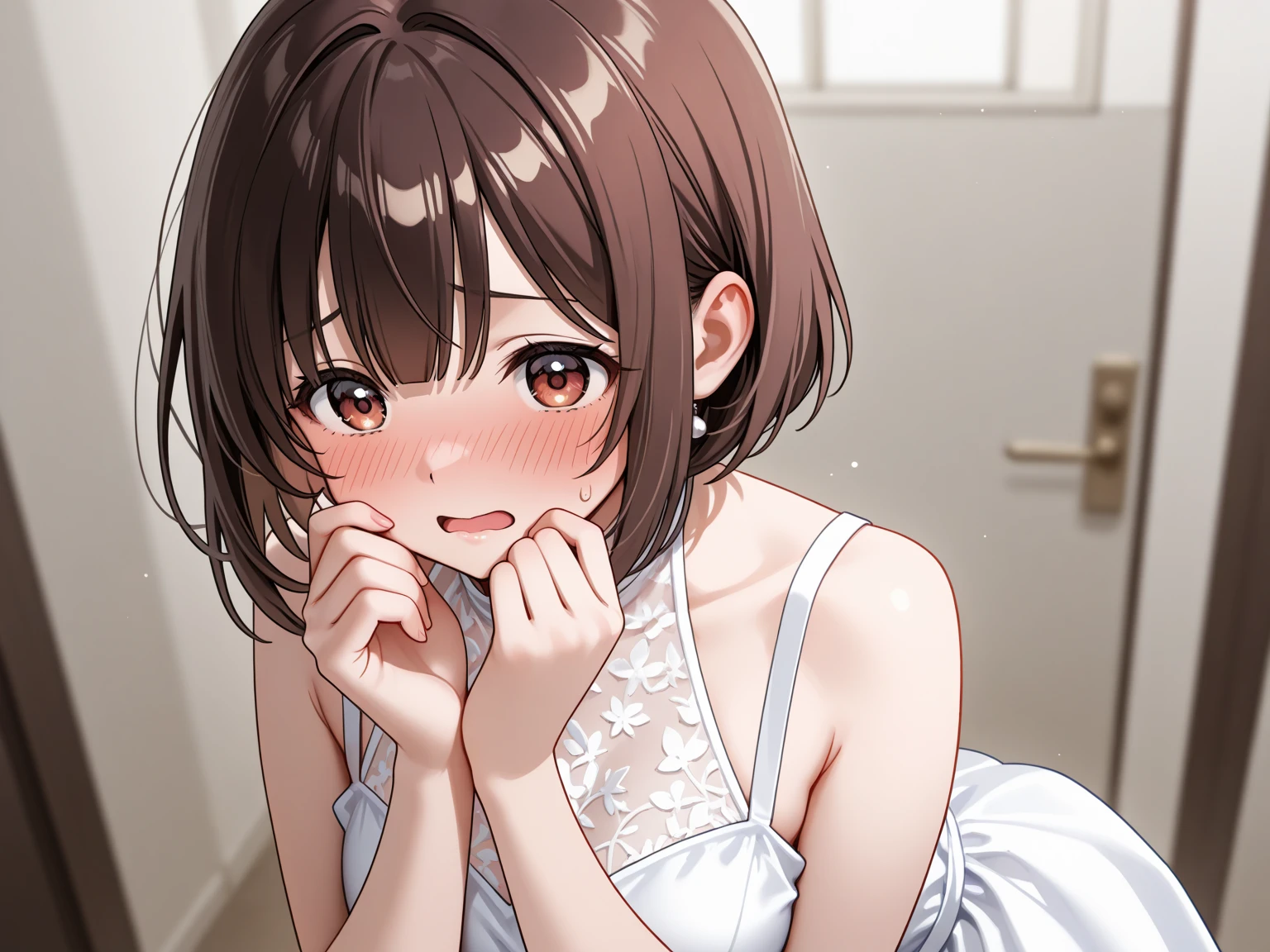 (1 person、alone), Beautiful woman, Anatomically perfect body, Slender、(nurse、nurse), (white nurse uniform, one peace, Japanese style nurse, nurseサンダル:1.1), (looking away:1.3), (:1.1)、(Gently hold your arms around your :1.1)、18-year-old、(Highest quality)、Black Hair, (Half Up)、(8K, High resolution)、(shy:1.4)、medium , (steam:1.1), (embarrassed:1.3), Glossy Lips、 、Sit on the bed、(wariza), (From above:1.1), (,  in face:1.7)、(Sad face, tears)