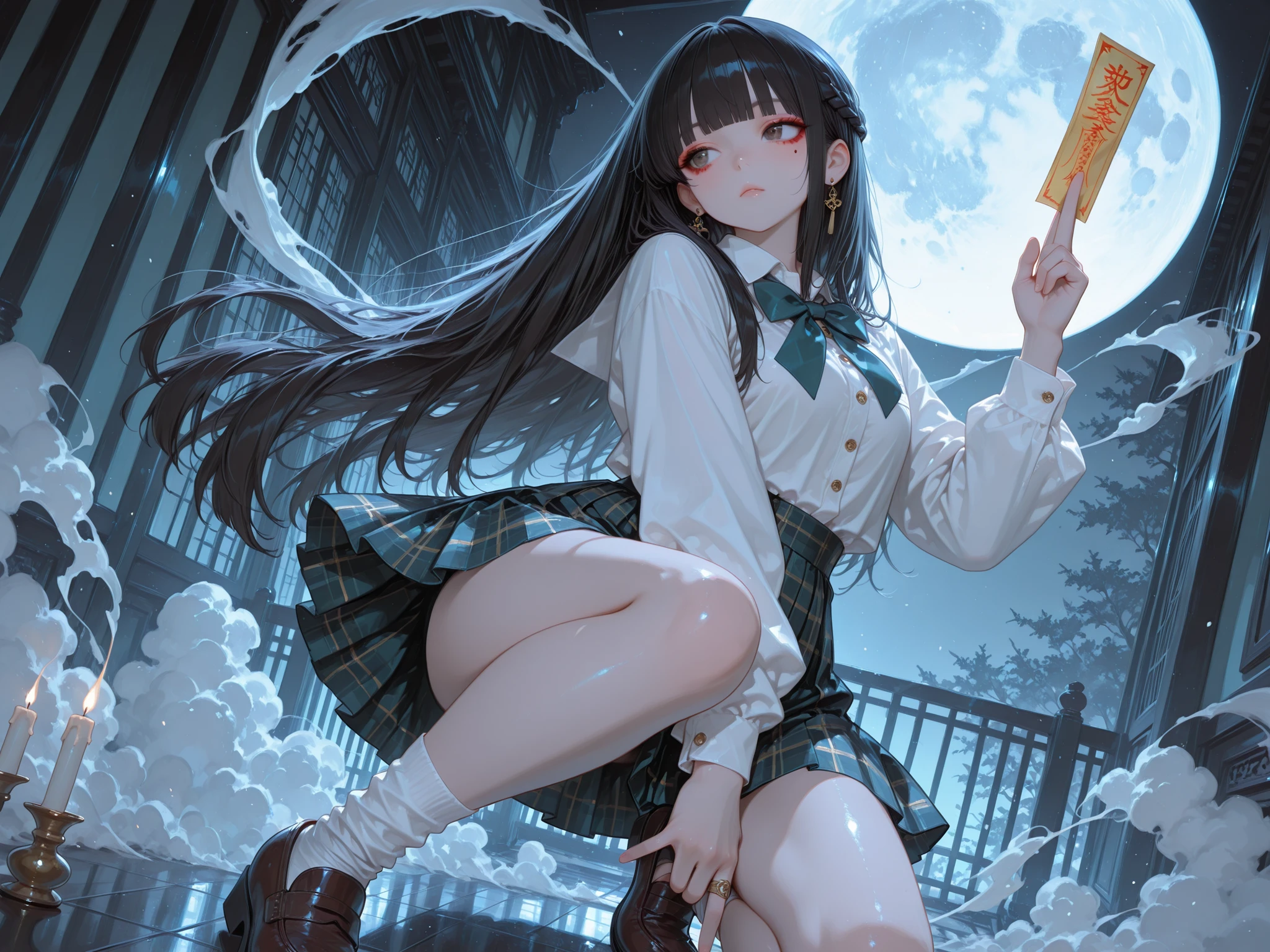 score_9, masterpiece, best quality, 8k, 1girl,solo, pale color,pastel torns,beautiful elegant girl,young little girl,lolita,cute,kawaii,bishojo,tiny body, chinese taoist girl, black straight hair, blunt bangs, long side hair, braid ring hairstyle, dark brown eyes, round eyes, big eyes, red under-eye makeup, fighting expression,
BREAK
(high-school uniform:1.4),yin-yang symbol,white shirt,tartan patterned skirt, white socks,brown loafer, green bowtie, earring,
BREAK
cool posing,heroic pose,kung fu stance, one knee raised, dynamic leaning pose, right leg reaching forward, right arm extended holding yellow ofuda between fingers, left hand near , looking away, tilted body angle, dramatic posture,
BREAK
hair flowing, sleeves fluttering, robe in motion, strong silhouette, expressive shape,
BREAK
blue night, low fog, massive blue full moon, incense smoke,perfect , five fingers,