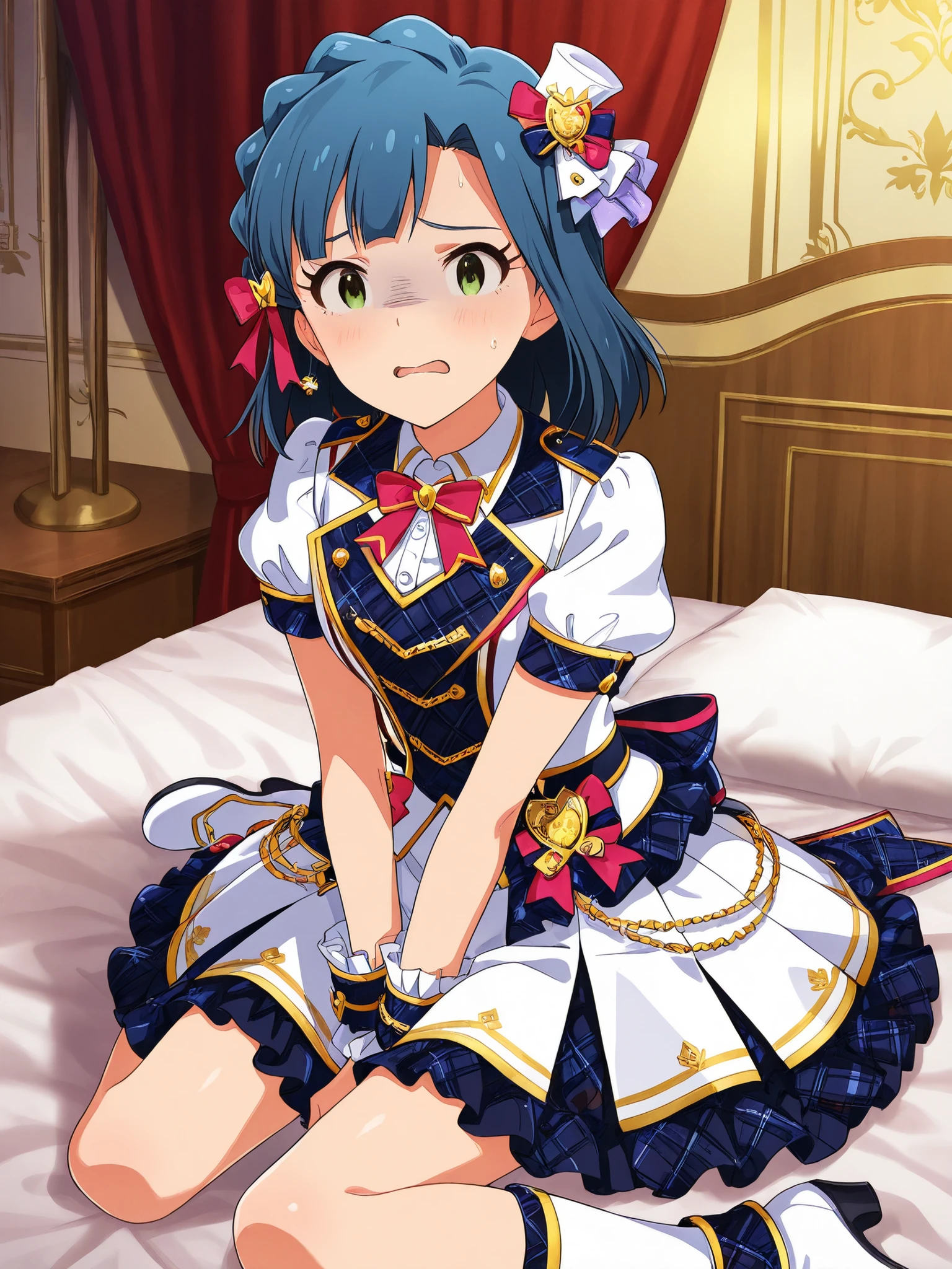 Aoi Kiriya, side ponytail, (top view), (dark bedroom at midnight), (best quality: 1.5), (masterpiece: 1.5), (2.5D), (vivid colors), (1 character), (exaggerated proportions), (transformation), (perfect anatomy), (central character), (absurd), (4K wallpaper) (detailed eyes), (perfect hands), (perfect fingers ), (beautiful skin), (voluptuous skin), (perfect shadow), (full body), (beautiful eyes), (masterpiece), (voluptuous body), (beautiful face), mature body , slightly shaggy short blue hair, blue eyes, heart nametag, (, lolita, flat chest), white wearing frilly pink apron, long pink gloves, fishnet tights, bright loving expression, mature adult female face, white steam, white steam, modest breasts, thighs, big buttocks, well balanced, leaning forward, breast flicker,