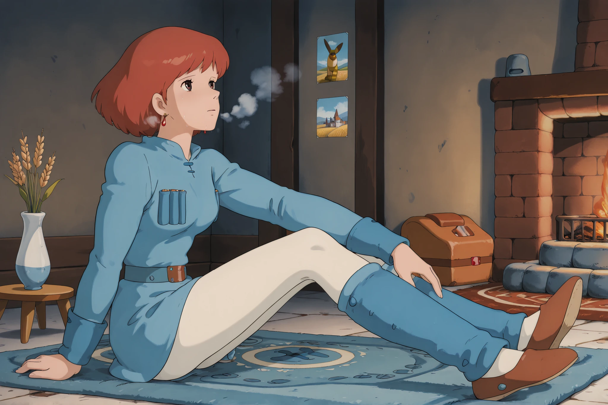 1 girl only, white tights,,Nausicaa,1girl,brown hair,medium hair,brown eyes, breasts,, (Masterpiece, top quality, 8k, High quality anime, detailed and accurate anime poster, Studio Ghibli style, High sense Art ), adorable face, very kind face, Sitting with both legs bent on floor rug in her private room, bend backward, bed, small table, fireplace, flower in a vase, large bay window, Exotic atmosphere, put hands behind own back, relax pose, Quilted lap blanket, hot breath close to the face, on cold day, depressed mood, orange hair, short hair, ((elegant short bob cut)), dark brown eyes, beautiful clear eyes, Red Gemstone Earrings, beautiful breasts, beautiful legs, perfect body balance, perfect beauty, slender body, beautiful eyes, (look up ), Valley of the Wind Scenery, Beautiful scenery in the valley, Cturch, windmill, Wheat field, Cobblestone load, winery, Castle terrace, Silk Sheets, 1girl, ((very cool Nausicaa)), ((Nausicaa is very elegant)), Ivory color tights, blue dress,chest bullet holder, long_sleeves, belt, blue leg warmer, felt shoes, beautiful floor rug, side view, 1 girl only,