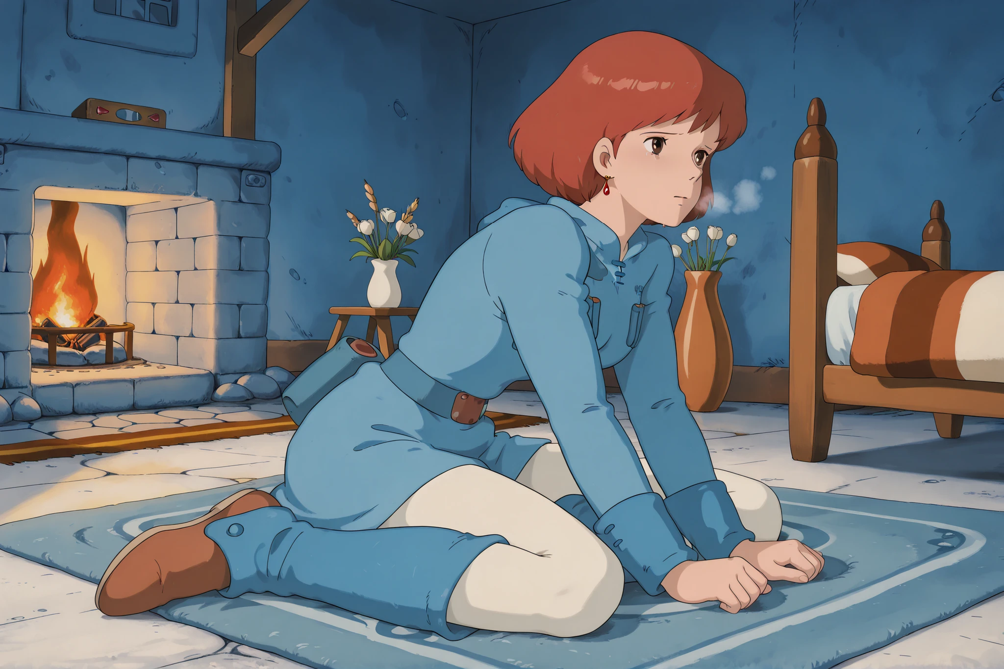 1 girl only, white tights,,Nausicaa,1girl,brown hair,medium hair,brown eyes, breasts,, (Masterpiece, top quality, 8k, High quality anime, detailed and accurate anime poster, Studio Ghibli style, High sense Art ), adorable face, very kind face, Sitting with both legs bent on floor rug in her private room, bend backward, bed, small table, fireplace, flower in a vase, large bay window, Exotic atmosphere, put hands behind own back, relax pose, Quilted lap blanket, hot breath close to the face, on cold day, depressed mood, orange hair, short hair, ((elegant short bob cut)), dark brown eyes, beautiful clear eyes, Red Gemstone Earrings, beautiful breasts, beautiful legs, perfect body balance, perfect beauty, slender body, beautiful eyes, (make eye contact for audience ), Valley of the Wind Scenery, Beautiful scenery in the valley, Cturch, windmill, Wheat field, Cobblestone load, winery, Castle terrace, Silk Sheets, 1girl, ((very cool Nausicaa)), ((Nausicaa is very elegant)), Ivory color tights, blue dress,chest bullet holder, long_sleeves, belt, blue leg warmer, felt shoes, beautiful floor rug, side view, 1 girl only,