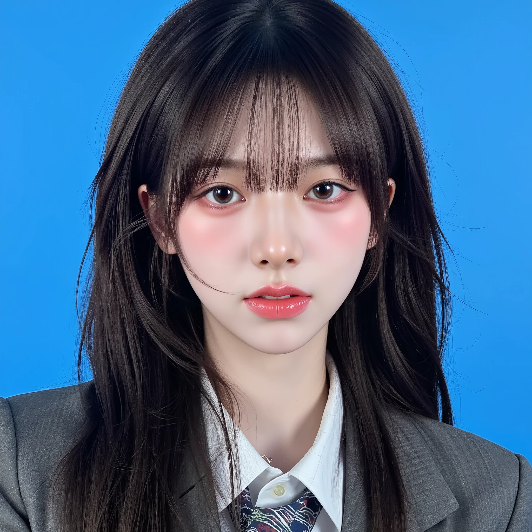 (kawaii 24 year-old Japanese girl, Nogizaka idol, Korean idol), (glossy hair, very short hair, bangs:1.3), (beautiful black eyes, rounded face, single eyelid, no makeup, AND noseblush, almost closed eyes, half opened mouth:1.3), (wearing suit jacket, collared shirt, necktie:1.3), (extra small :0.9), (looking at camera:1.3), BREAK, (simple blue background:1.3), (view from forward, bust shot:1.3), BREAK, (masterpiece, best quality, photo realistic, official art:1.4), (UHD, 8K quality wallpaper, high resolution, raw photo, golden ratio:1.3), (shiny skin), professional lighting, physically based rendering, award winning, (highly detailed skin, extremely detailed face and eyes), Carl Zeiss 85 mm F/1.4, depth of field, 1girl, solo,