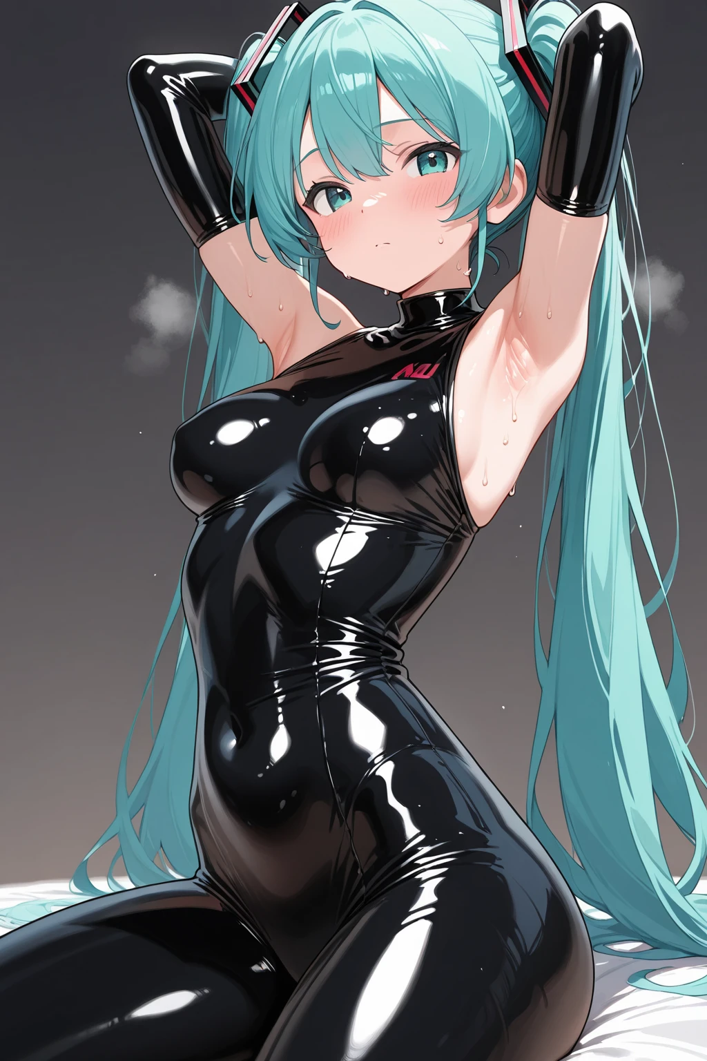 1girl,solo,(standard height:1.2),(cowboy shot),standing,(pastel blue hair:1.6),(long hair:1.2),(cat ears:1.2),(green eyes:1.4),(black rugged collar),(beautiful fingers:1.4),(perfect :1.4),(arms_behind_back:1.6),(cold_shoulder:1.2),BREAK,(pastel blue one-piece_swimsuit:1.5),(lace glossy silk lamé:1.4),(latex luster shiny glossy:1.6),(shiny_clothes:1.6),medium breasts,beautiful breasts,masterpiece,best quality,(Ultra high definition eyes:1.2),8k,(Beautiful detailed eyes:1.2),(Fine and beautiful eyes:1.2),(pretty eyes:1.2),finely detail,extremely CG, absurdres,high resolution,illustration,Detailed and beautiful outlines,finely detail,high resolution,(colorful refraction:1.4,Increase saturation:1.2),beautiful lighting,dynamic lighting,closed room,black background,simple background, smile,looking at viewer,Rem Galleu,(cat tail:1.4),(white Clear PVC sheets sleeves:1.4),(sheer sleeves:1.4),(see-through sleeves:1.4),(wide sleeves:1.2),(pastel blue thigh boots:1.4)