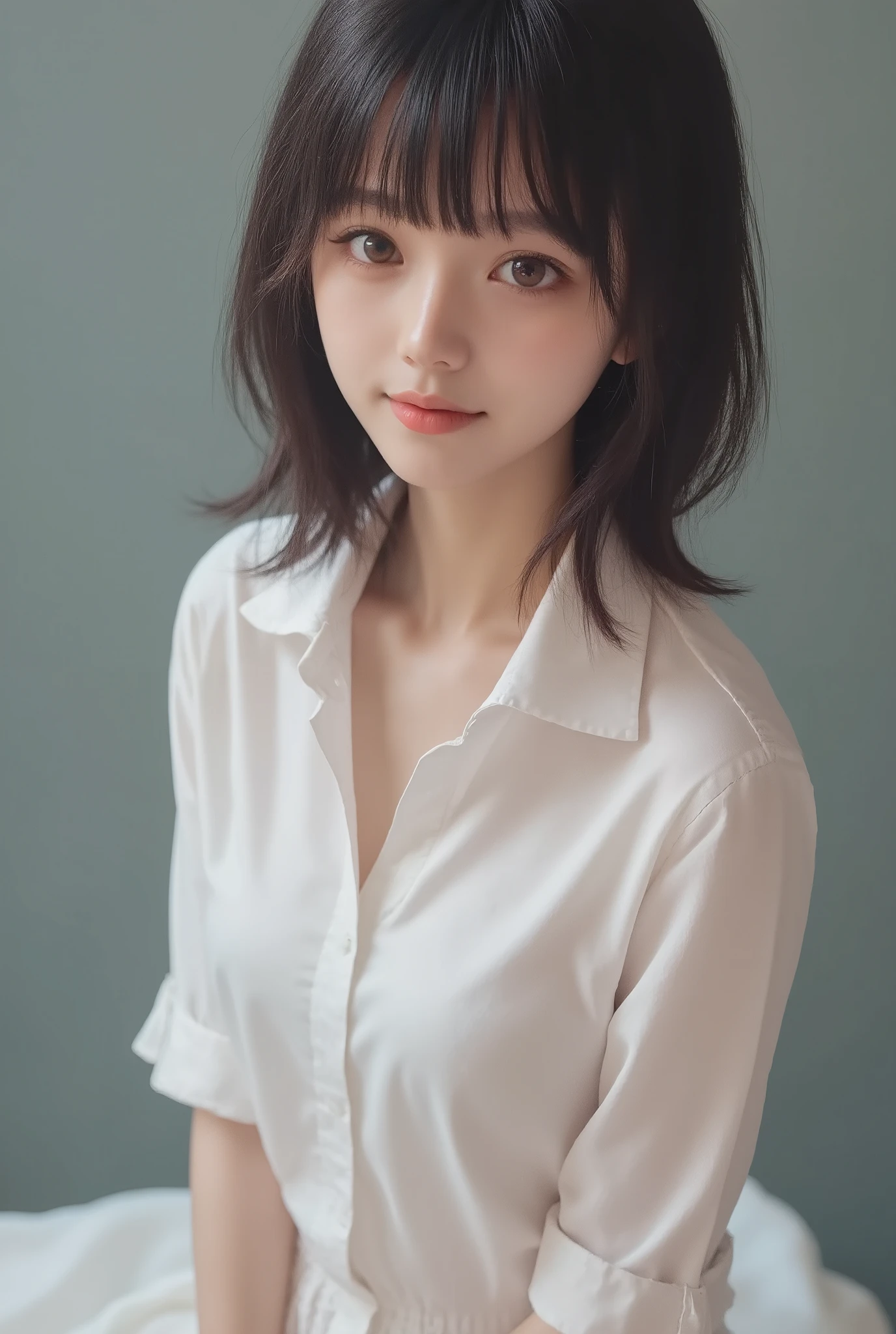 Realistic artstyle  of a girl with curtain bangs,shoulder length wolfcut black hair,wearing a white shirt and skirt 