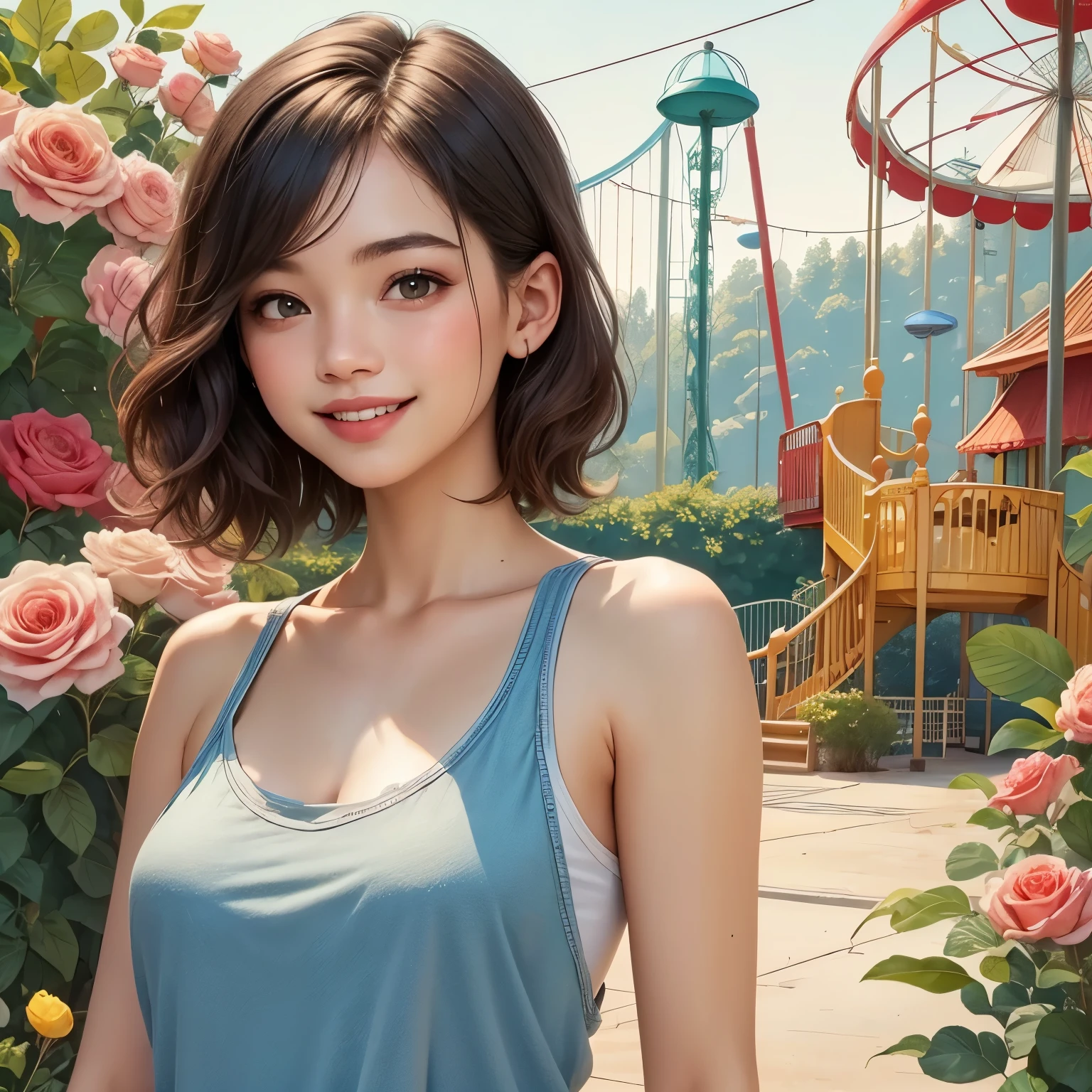 408 ((18 year old woman)),(Amusement Park),(short hair),(Shortcut),(Neat hair),(super high image quality),(Archaic smile),2025.09.26,((old slide))), (Parks)