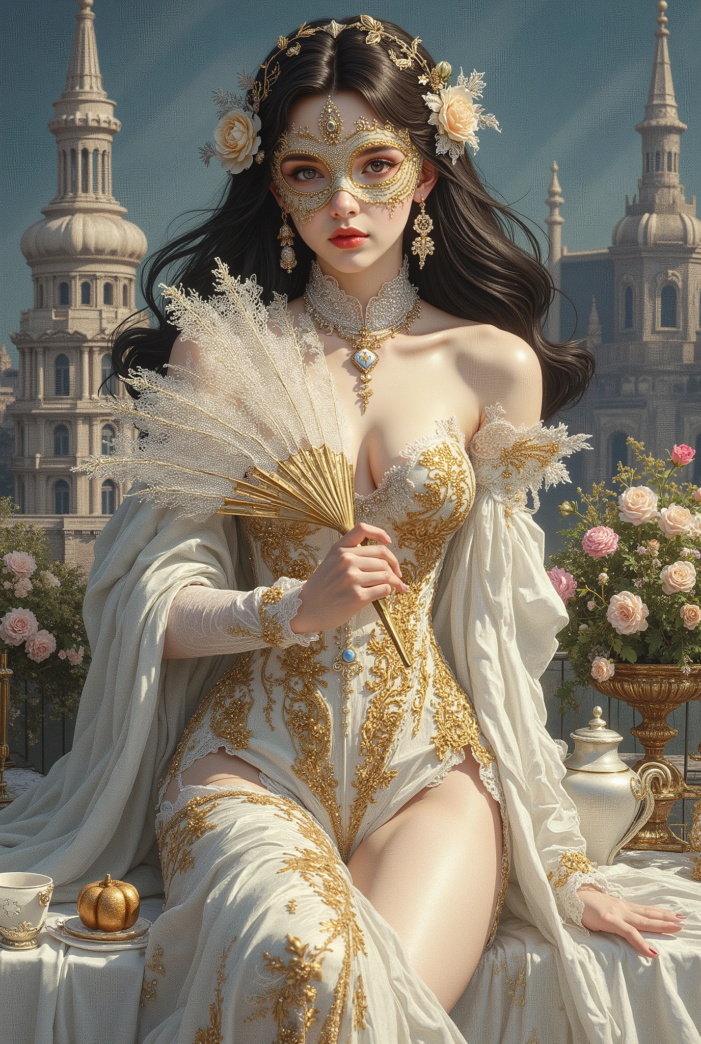 (8K, highest quality, masterpiece), (photorealistic, photoreal: 1.37), extremely detailed depiction
{A woman standing on the roof of a building at night}
Highly distinctive miniature art, delicate and beautiful illustration, a dreamy and hyper-realistic fantasy world, a work that blends reality and fantasy, elegant, passionate, and captivating
Luxurious art gallery
(((An elegant, nude woman enjoying tea on the terrace of a luxurious residence, covering her breasts with a white and gold lace fan)))
Graceful posture, serene atmosphere, perfect pose
Beautiful black hair
Asian
Cowboy shot
(Large breasts)
Slim and toned body
(A delicate, sheer lace masquerade mask in gold and white.: 1.5)
(Large breasts: 1.5)
(Droopy breasts: 1.5)
Large labia majora: 1.1
Large clitoris: 1.1
Beautiful, glossy, long black hair
Cowboy shot