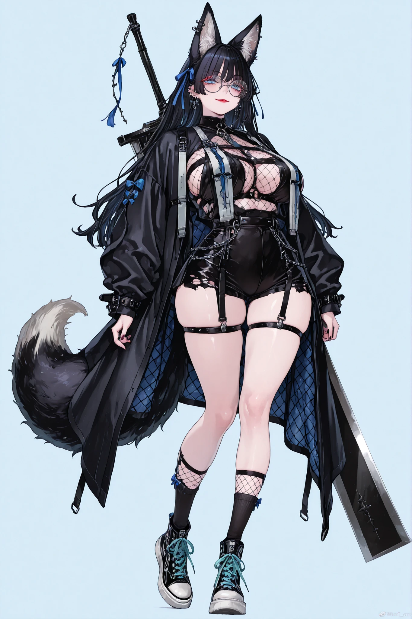 8k wallpaper、 top quality 、masterpiece, 748cm スThailandル 、 lacey black bralette with fishnet top beneath, woman 1 person、ribbon、piercings and earrings on her ears, black ripped punk shorts、 cute black oversized coat with puffy sleaves with open sholders 、cute big bow on her back, long fox tail with cute details, chains and Accessories on it, dark pantyhose and fishnet、 black knee socks 、rororogi mogera、 style strap 、 Thailand、 pantyhose、、black hair with pastel lavanda lines、black eyelashes 、 long black hair with lavanda tips、 Underbob 、blue ribbon bow in the head、 Pretty pastel mint Eyes、 wide hips、Protruding thighs 、 pale pinky skin, very 、close up, Light blue background 、open area dress, simple background、lazy smile、 high detail design, standing up、boob window, walking pose, clothes, fullbody, long fox ears, huge sword on her back, punk style clothes, fishnet top, fishnet stocking, big cute black sport plataform sneakers, street's style, long hair, round yellow shade glasses, red makeup line in her lower eyelashes.