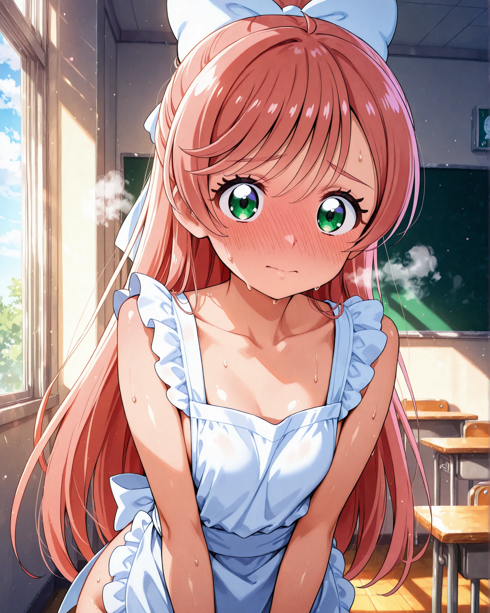 (ultra-detailed),(masterpiece),(best quality),high score,highres,incredibly absurdres,anime screencap,pastel colors,anime,shiny skin,No Background,Balanced upper and lower body structure,incredibly detailed beautiful collarbone line,incredibly ,
Nijigaoka Mashiro, magical girl,Hirogaru Sky Pretty Cure,precure,
pink hair,bun hair, high ponytail, very long hair, hair ribbon, white ribbon, hair bow, bangs, Very long fringe,half updo,bangs flop to the side,hair between eyes,green eyes, i
ncredibly detailed beautiful pupillary,eyebrows visible through hair,
sweat, full face blush, steam, in heat,
shy,
looking at viewer,
classroom,
naked apron, frilled apron,