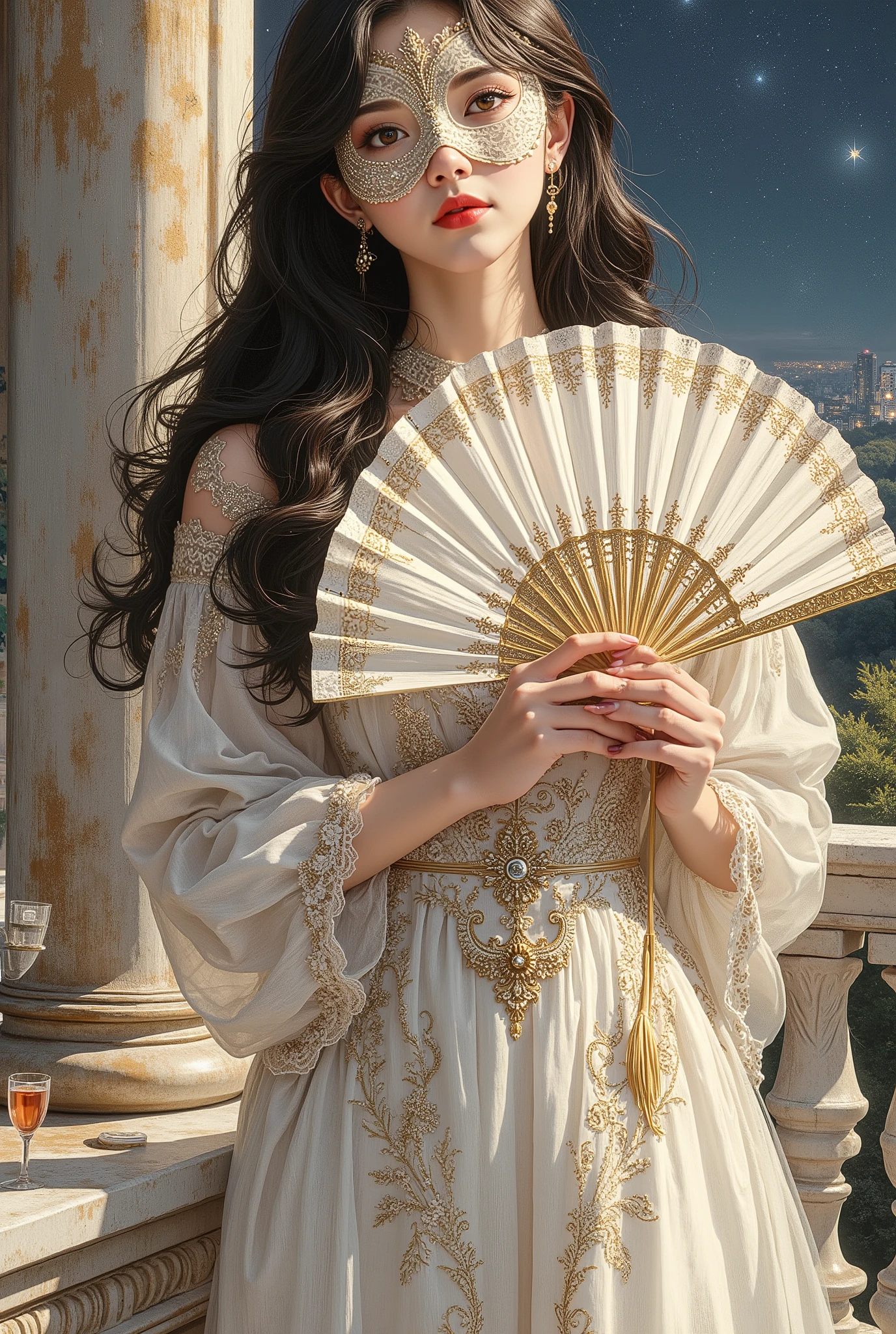 (8K, highest quality, masterpiece), (photorealistic, photoreal: 1.37), extremely detailed depiction

{A woman standing on the roof of a building at night}

Highly distinctive miniature art, delicate and beautiful illustration, a dreamy and hyper-realistic fantasy world, a work that blends reality and fantasy, elegant, passionate, and captivating

Luxurious art gallery

(((An elegant, nude woman enjoying tea on the terrace of a luxurious residence, covering her breasts with a white and gold lace fan)))

Graceful posture, serene atmosphere, perfect pose

Beautiful black hair

Asian

Cowboy shot

(Large breasts)

Slim and toned body


(A delicate, sheer lace masquerade mask in gold and white.: 1.5)

(Large breasts: 1.5)

(Droopy breasts: 1.5)

Large labia majora: 1.1

Large clitoris: 1.1

Beautiful, glossy, long black hair

Cowboy shot