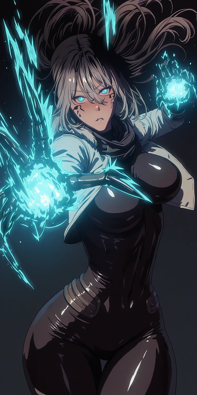 Manhwa, ssp, (lainart-style:1.2), (imizu_(nitro_unknown)-style:1.3), (packge-style:1.4), (mana_(remana)-style:1.4),, (anime coloring, anime screencap), shiny skin, ((anatomical correct)), ((Cinematic, unreal engine, eye-catching, ambient occlusion, UHD, masterpiece)), ((perfect lighting, soft shadow)), perfect body, perfect eyes, perfect fingers, gasping, heavy breathing, gasping profusely, ((skindentation)), ((curvy)), Teresa_Corrupt, facial tattoo, facial mark, blue eyes, long hair, grey hair, black hair, hair between eyes, plump, hearts, pleasured, 1girl, solo, bodysuit, jacket, breasts, looking_at_viewer, covered_navel, black_bodysuit, parted_lips, white_jacket, open_clothes, open_jacket, skin_tight, claws, floating_hair, glowing, fire, Fiery,