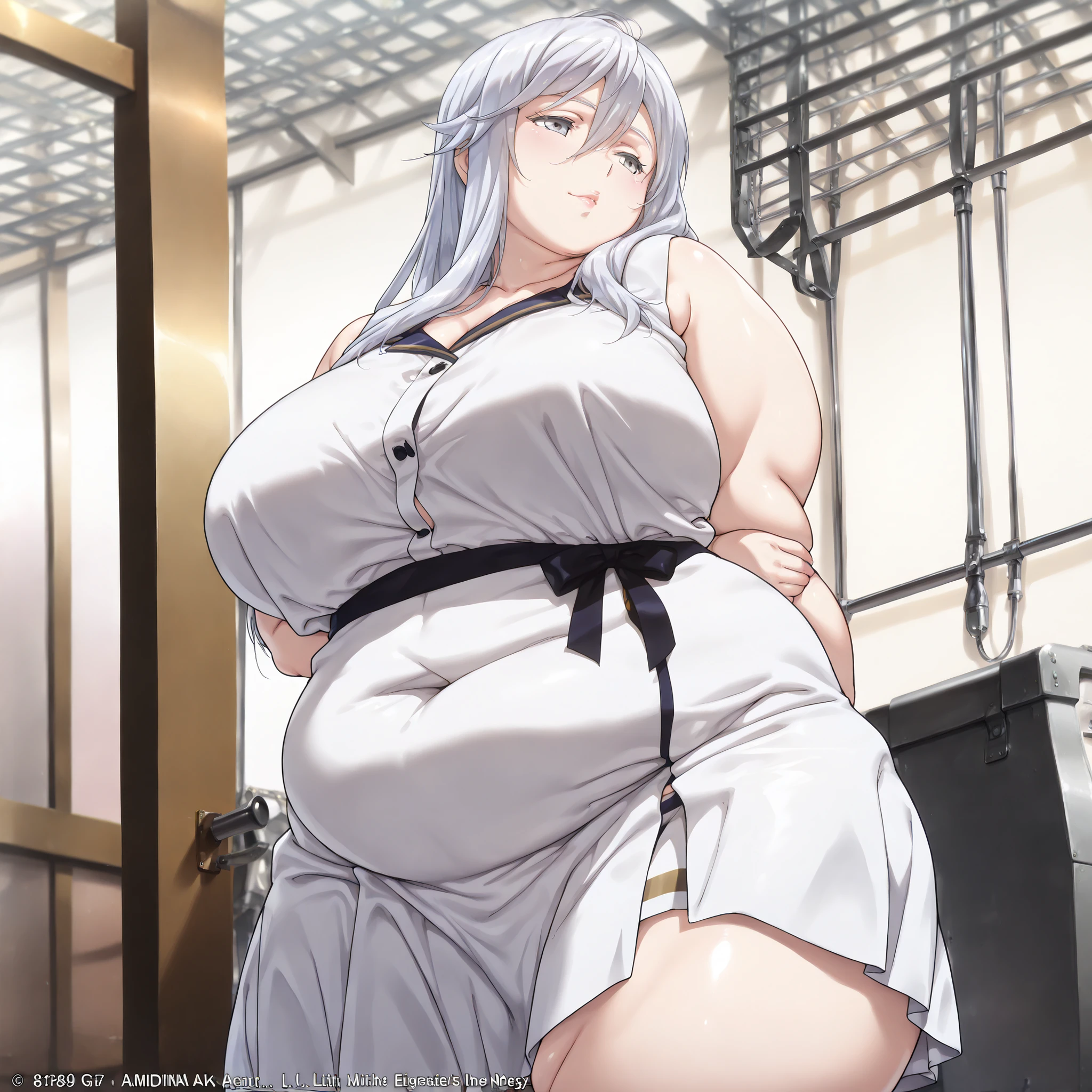 1 woman, beautiful mature woman, attractive detailed face, delicate facial features, detailed skin, , hand behind back, looking , ultra-detailed, (best quality,4k,8k,highres,masterpiece:1.2), score_9,score_8_up,score_7_up,very detailed,super detailed,OFFICIAL ART,professional lighting,masterpiece,Highest Quality,GREAT QUALITY,very beautiful,Ridiculous,Newest,Highest Quality,4K.1 girl,「86-EIGHTY-SIX」,Vladilena Milize,long silvery hair,stupid hair,silver eyes,medium chest,cute. Peek at the little characters, (negative_v2 Color_Balance_Calibration:0.8), negativeXL_D, aidxlv05_neg, Stable_Yogis_Animetoon_Negatives, chubby, chubby girl, curvy, , lips, plump, thick thighs, thighs, (((oversized gigantic stomach)), curvy, , lips, plump, thick thighs, thigh, immobile
